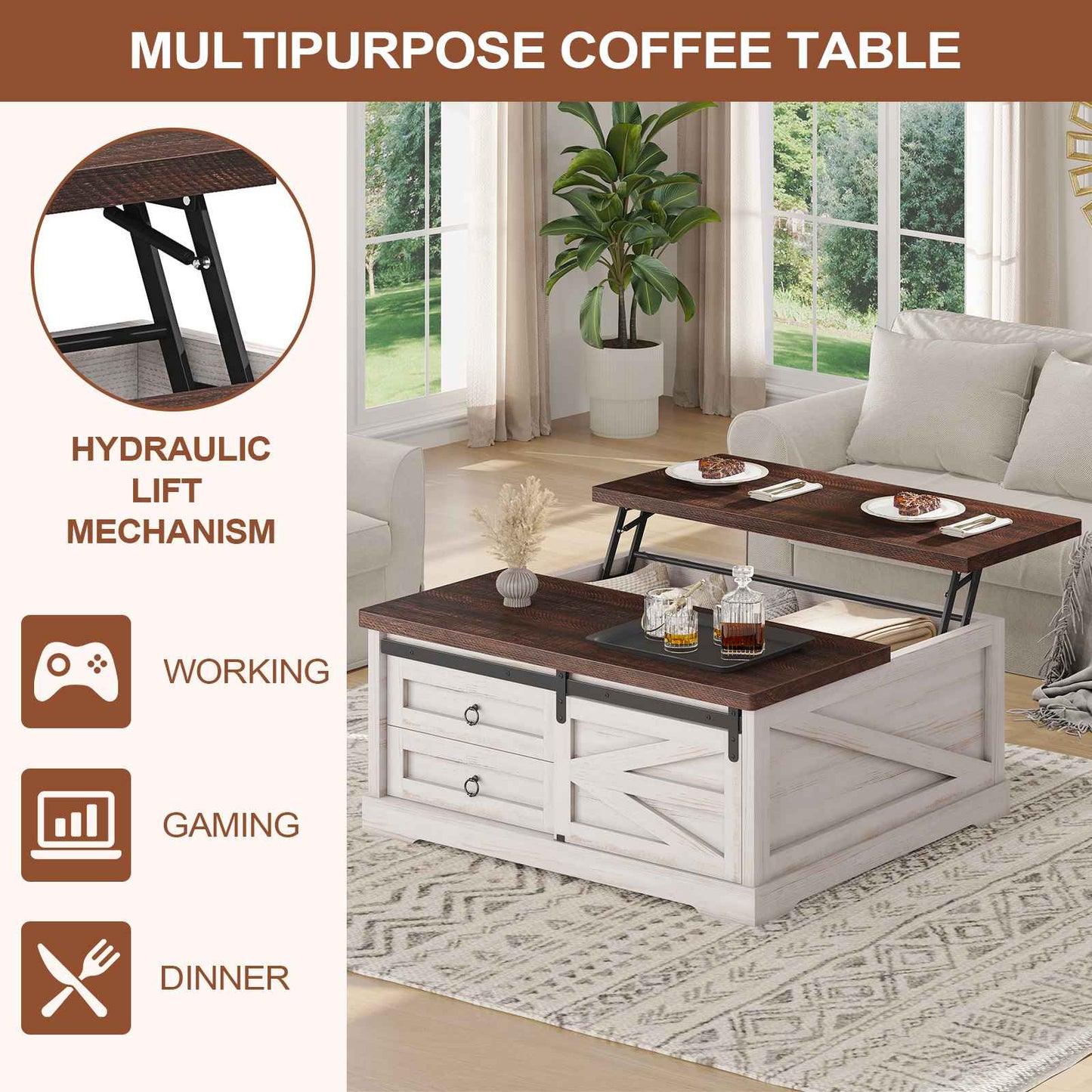Itaar | 39.4 Inch Lift Top Coffee Table with Storage Farmhouse Coffee Tables for Living Room Square Coffee Table with Large Hidden Compartment