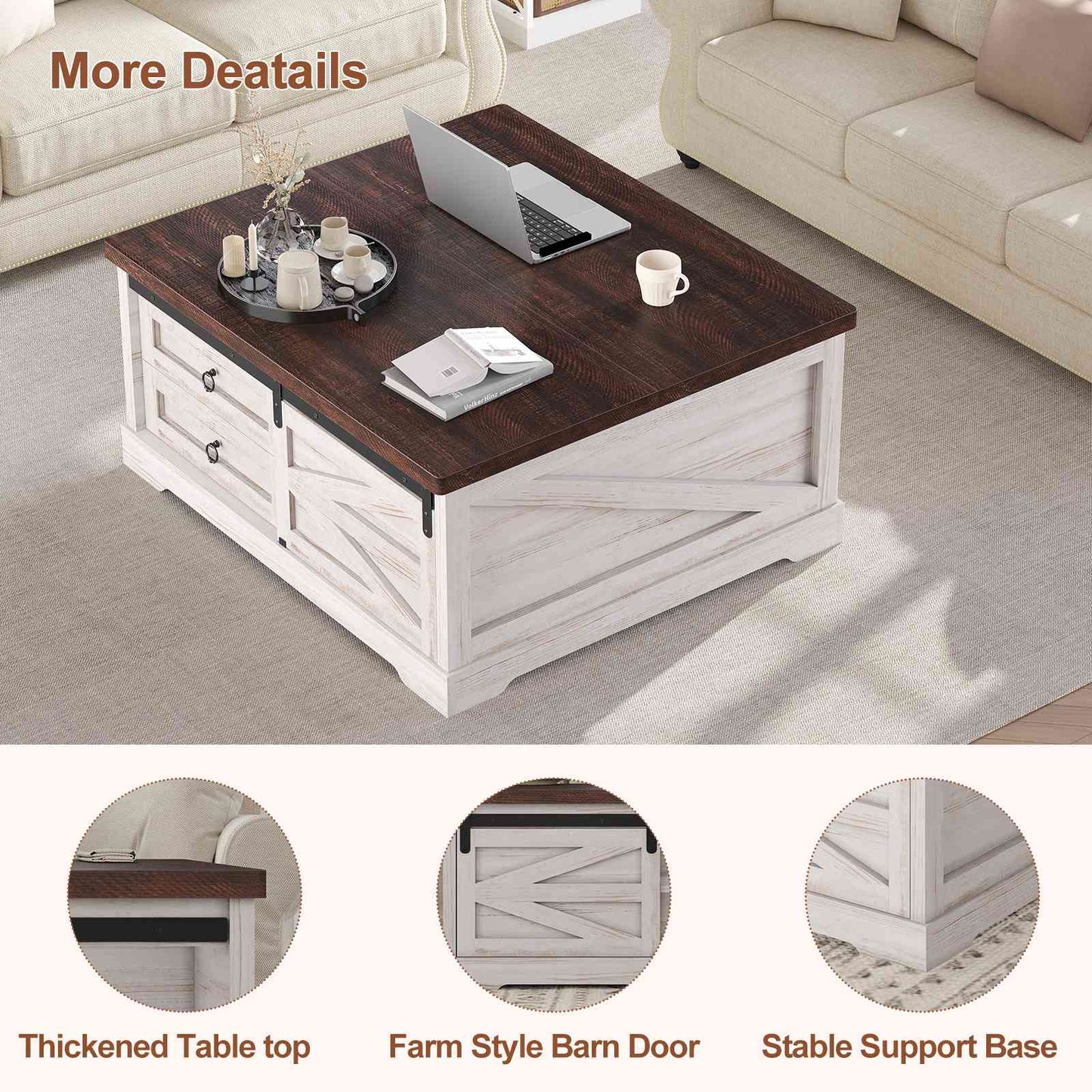 Itaar | 39.4 Inch Lift Top Coffee Table with Storage Farmhouse Coffee Tables for Living Room Square Coffee Table with Large Hidden Compartment