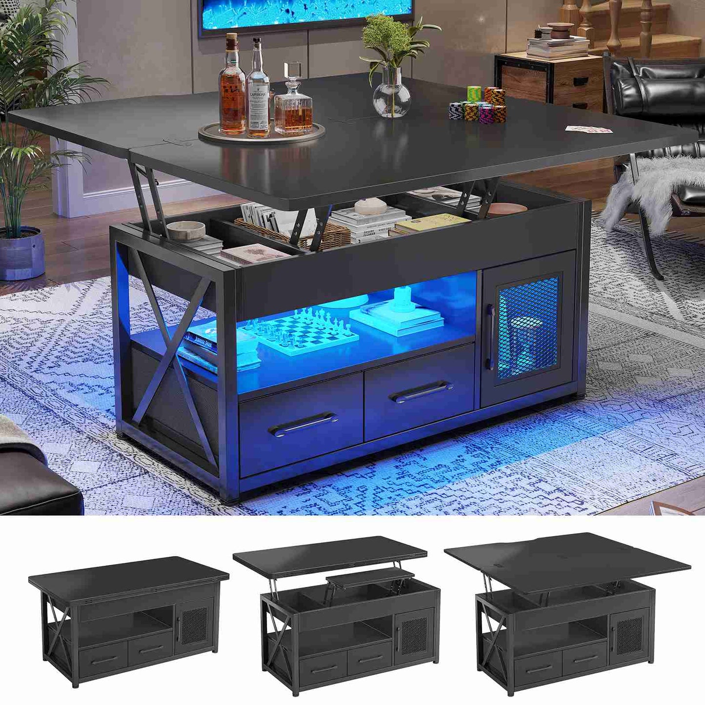 Itaar | 40 Inch Lift Top Coffee Table with Storage for Living Room 4 in 1 Table LED Expandable Coffee Table with 2 Fabric Drawers LED Light