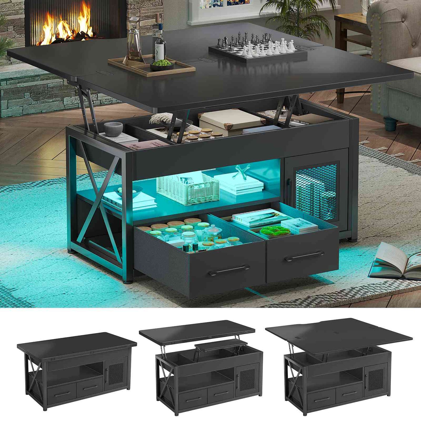 Itaar | 40 Inch Lift Top Coffee Table with Storage for Living Room 4 in 1 Table LED Expandable Coffee Table with 2 Fabric Drawers LED Light