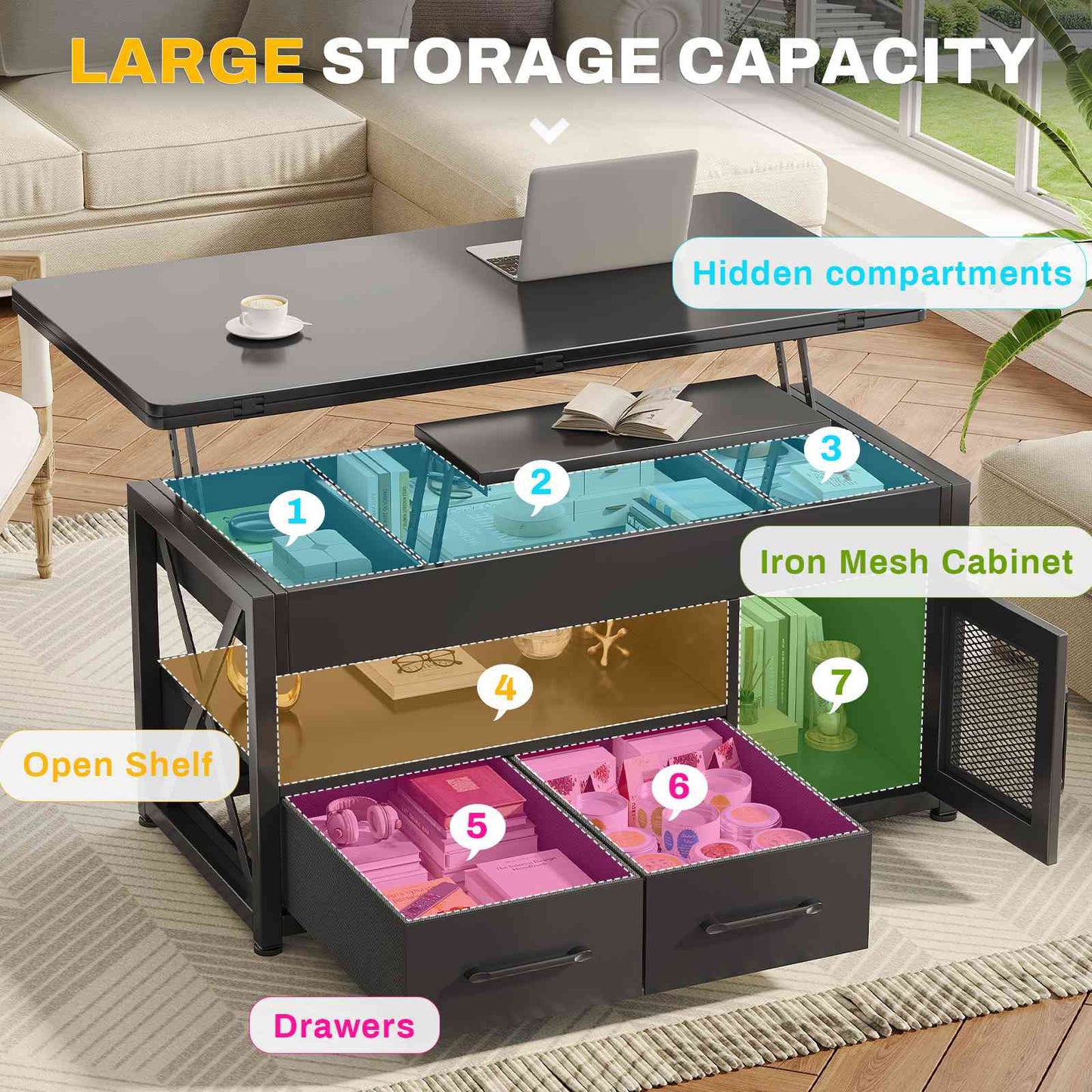 Itaar | 40 Inch Lift Top Coffee Table with Storage for Living Room 4 in 1 Table LED Expandable Coffee Table with 2 Fabric Drawers LED Light