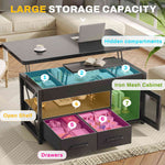 Itaar | 40 Inch Lift Top Coffee Table with Storage for Living Room 4 in 1 Table LED Expandable Coffee Table with 2 Fabric Drawers LED Light