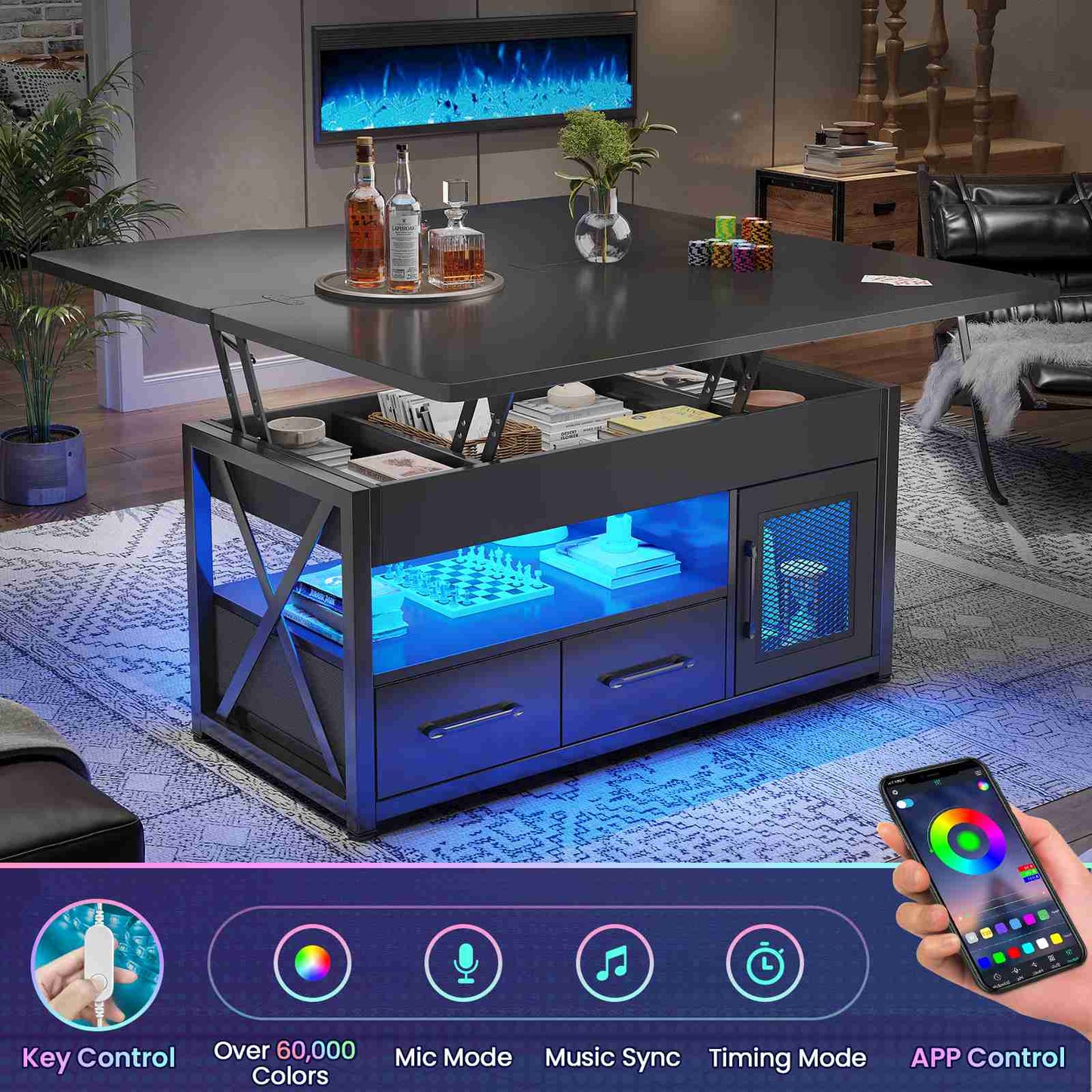 Itaar | 40 Inch Lift Top Coffee Table with Storage for Living Room 4 in 1 Table LED Expandable Coffee Table with 2 Fabric Drawers LED Light