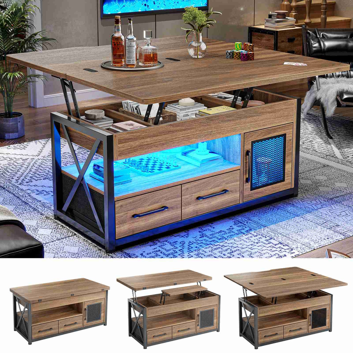 Itaar | 40 Inch Lift Top Coffee Table with Storage for Living Room 4 in 1 Table LED Expandable Coffee Table with 2 Fabric Drawers LED Light