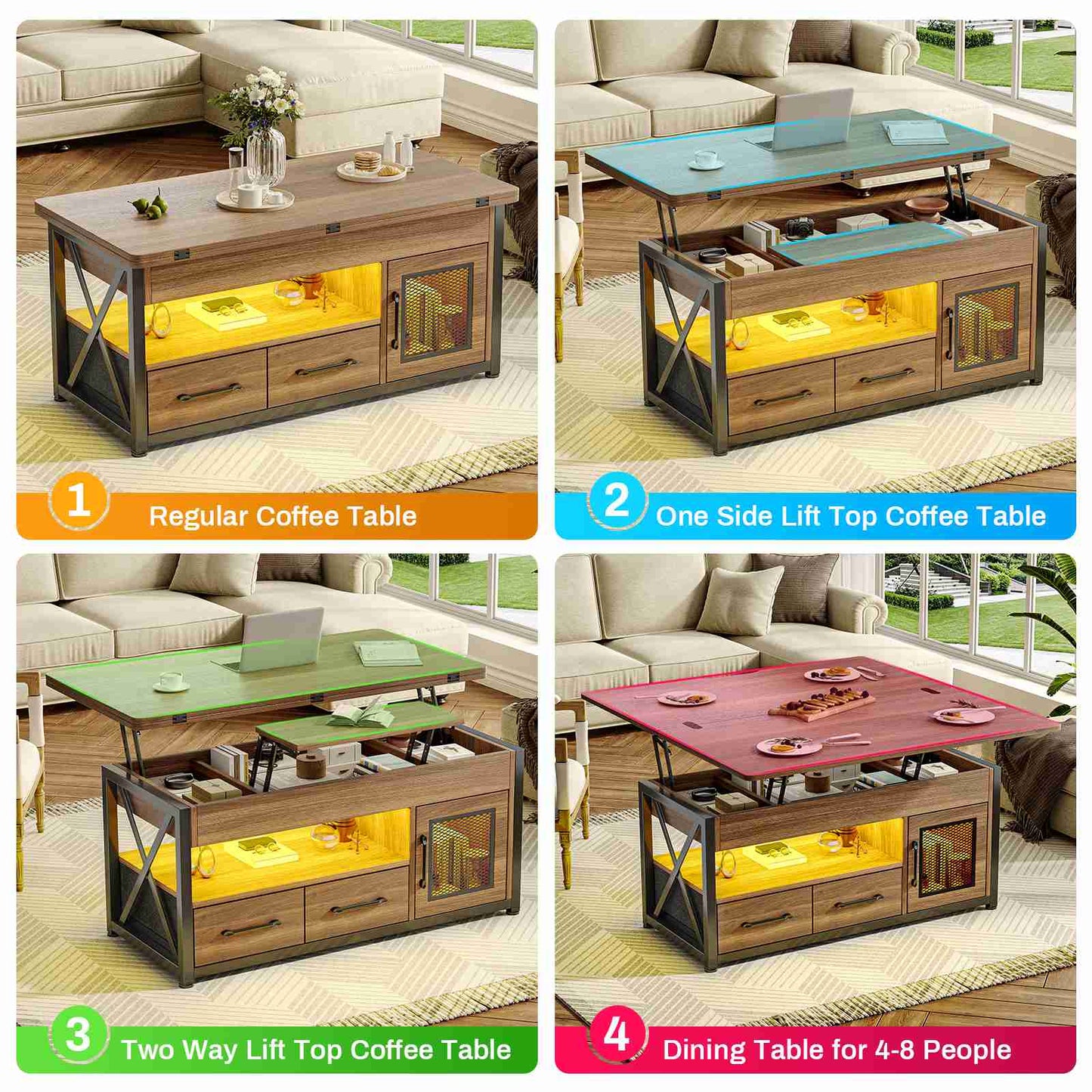 Itaar | 40 Inch Lift Top Coffee Table with Storage for Living Room 4 in 1 Table LED Expandable Coffee Table with 2 Fabric Drawers LED Light