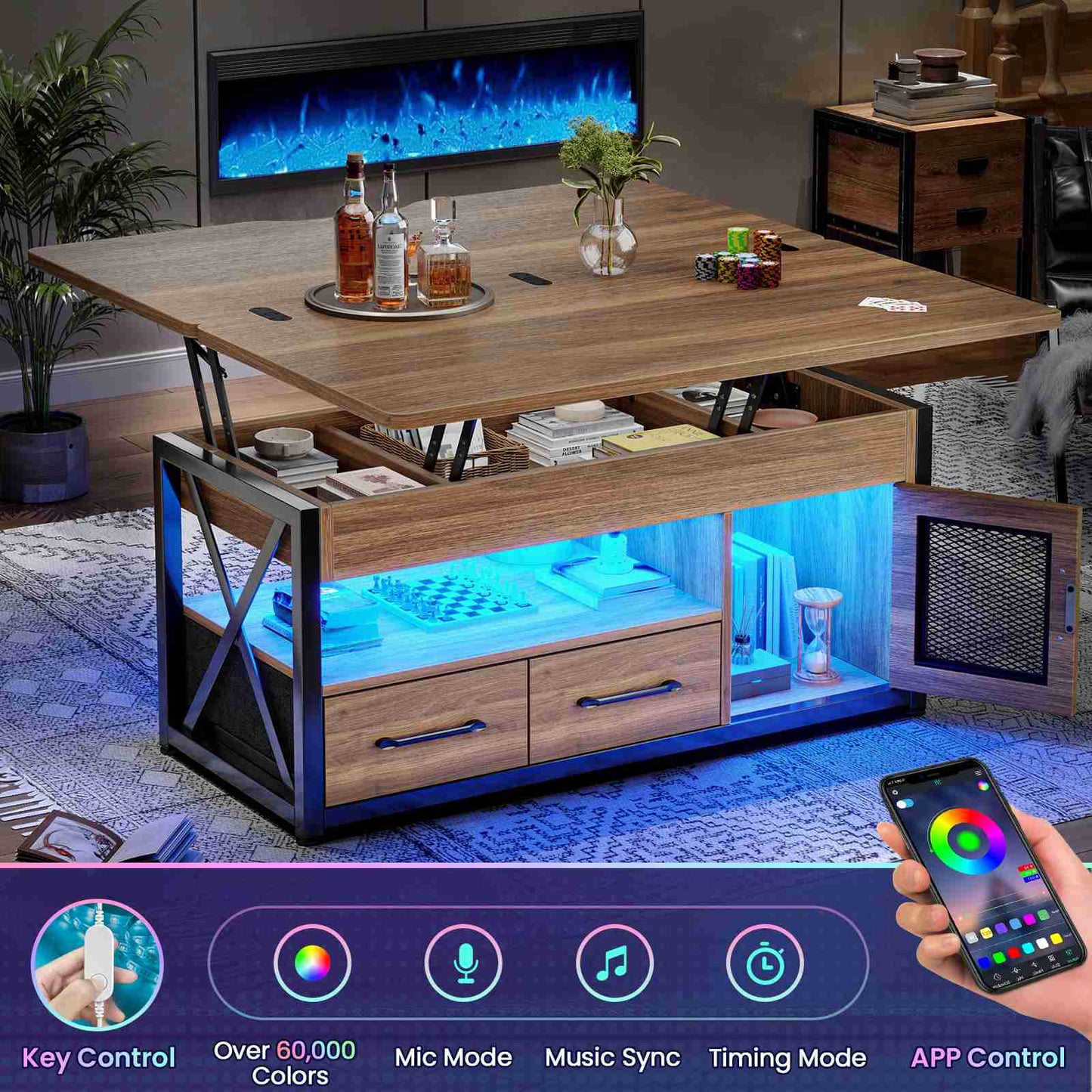 Itaar | 40 Inch Lift Top Coffee Table with Storage for Living Room 4 in 1 Table LED Expandable Coffee Table with 2 Fabric Drawers LED Light