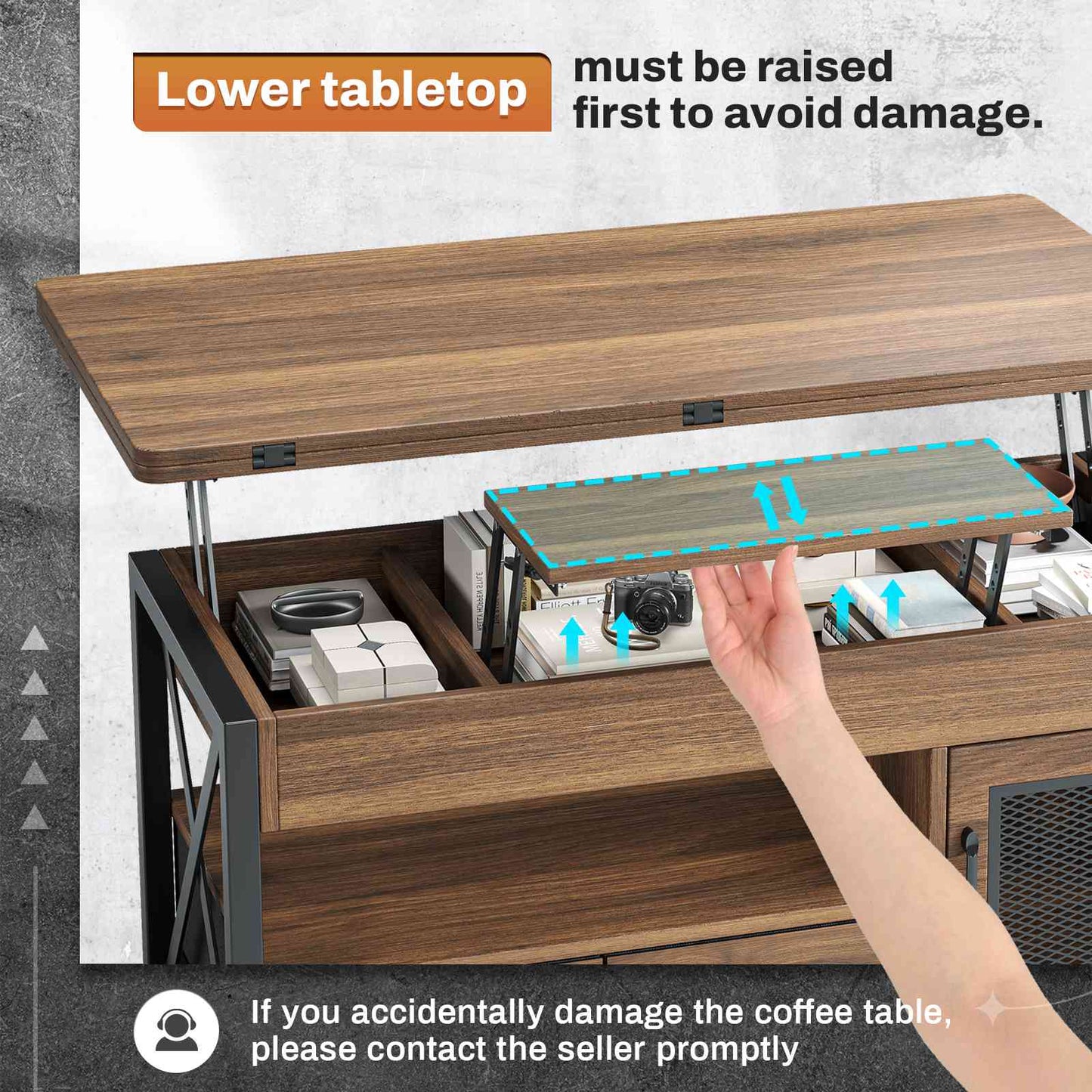 Itaar | 40 Inch Lift Top Coffee Table with Storage for Living Room 4 in 1 Table LED Expandable Coffee Table with 2 Fabric Drawers LED Light