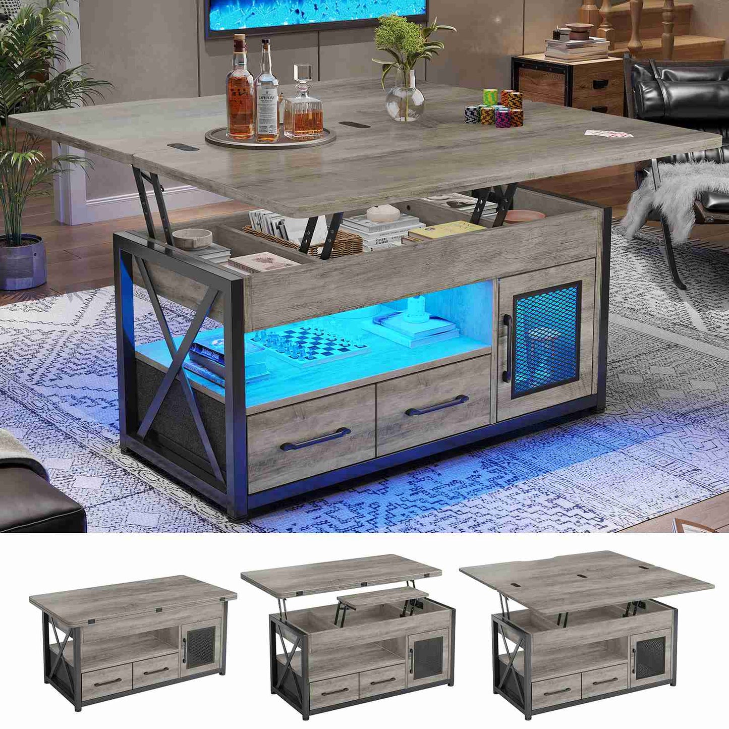 Itaar | 40 Inch Lift Top Coffee Table with Storage for Living Room 4 in 1 Table LED Expandable Coffee Table with 2 Fabric Drawers LED Light