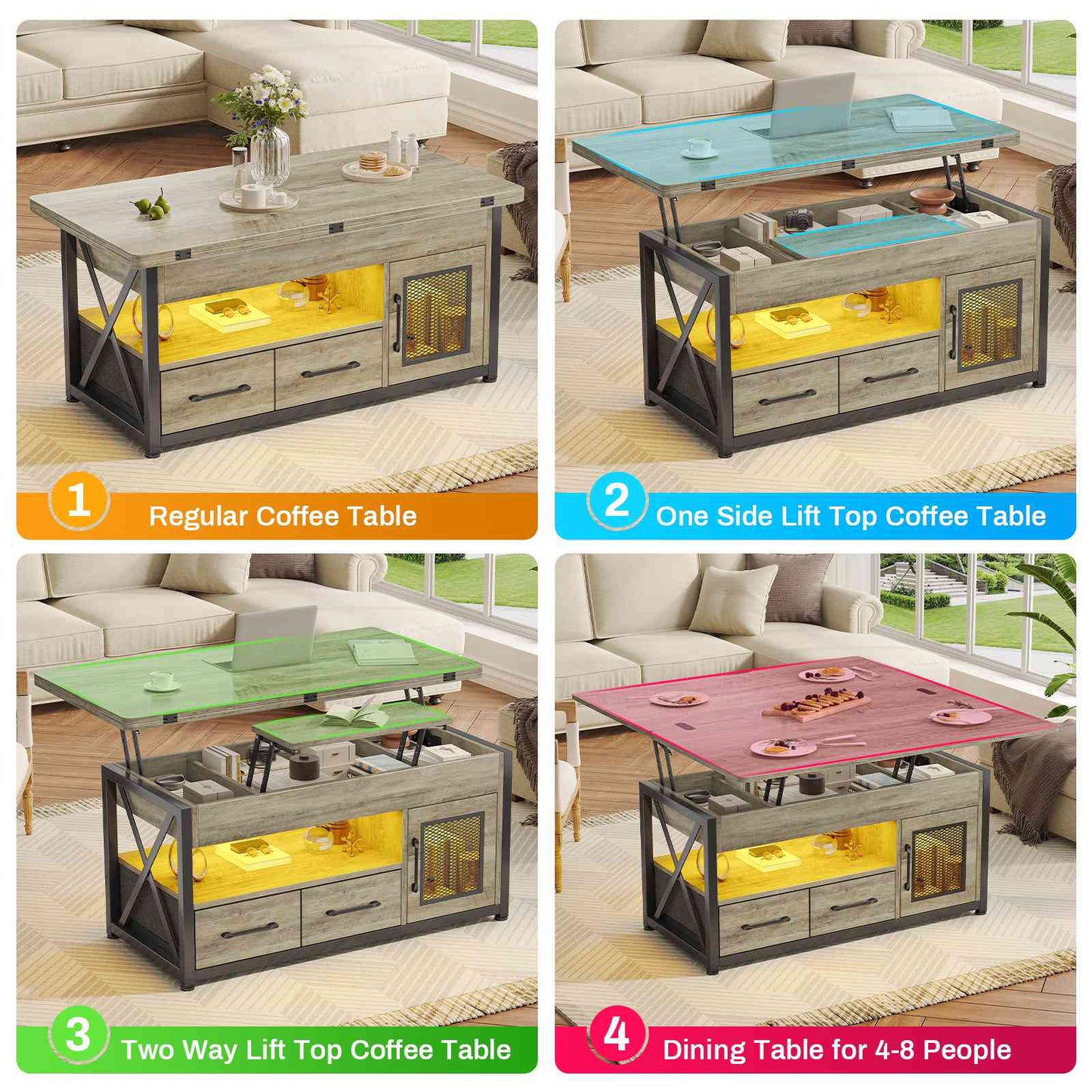 Itaar | 40 Inch Lift Top Coffee Table with Storage for Living Room 4 in 1 Table LED Expandable Coffee Table with 2 Fabric Drawers LED Light