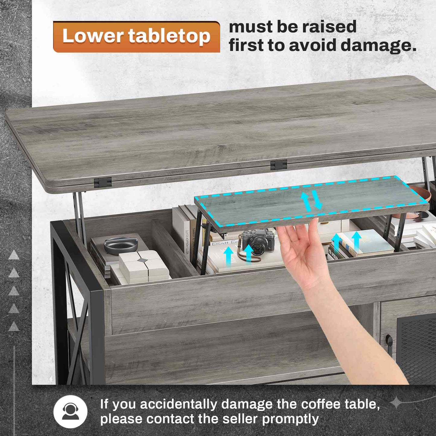 Itaar | 40 Inch Lift Top Coffee Table with Storage for Living Room 4 in 1 Table LED Expandable Coffee Table with 2 Fabric Drawers LED Light