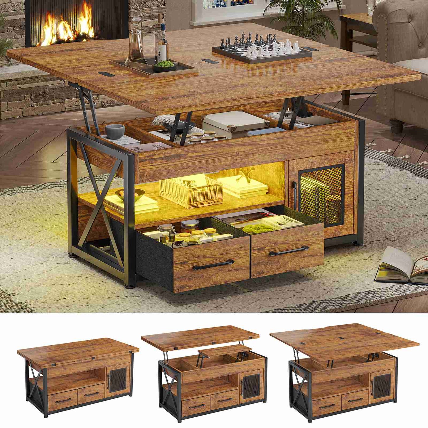 Itaar | 40 Inch Lift Top Coffee Table with Storage for Living Room 4 in 1 Table LED Expandable Coffee Table with 2 Fabric Drawers LED Light