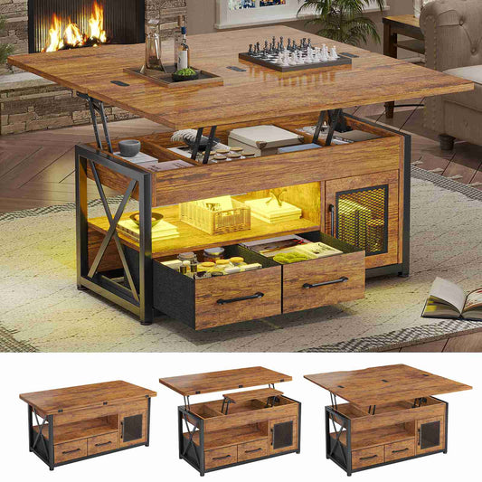 Itaar | 40 Inch Lift Top Coffee Table with Storage for Living Room 4 in 1 Table LED Expandable Coffee Table with 2 Fabric Drawers LED Light