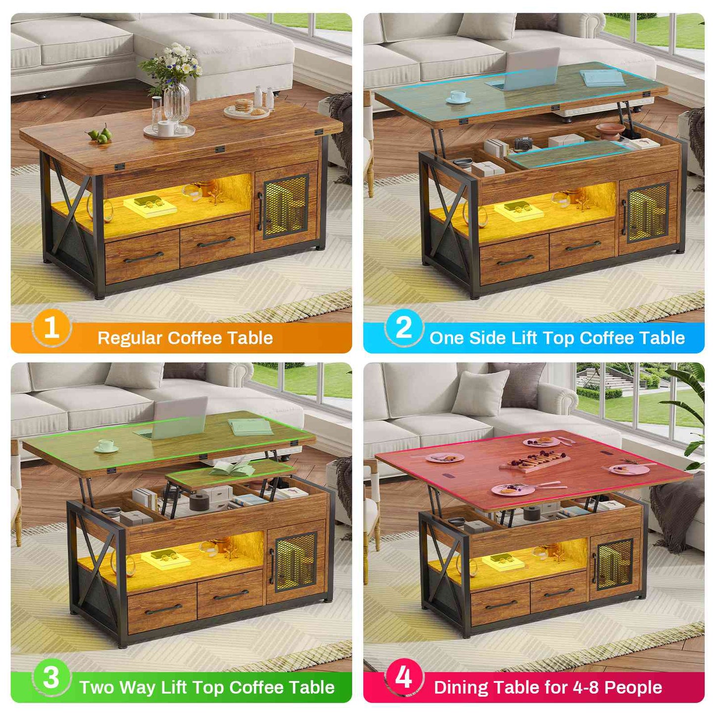Itaar | 40 Inch Lift Top Coffee Table with Storage for Living Room 4 in 1 Table LED Expandable Coffee Table with 2 Fabric Drawers LED Light