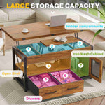 Itaar | 40 Inch Lift Top Coffee Table with Storage for Living Room 4 in 1 Table LED Expandable Coffee Table with 2 Fabric Drawers LED Light