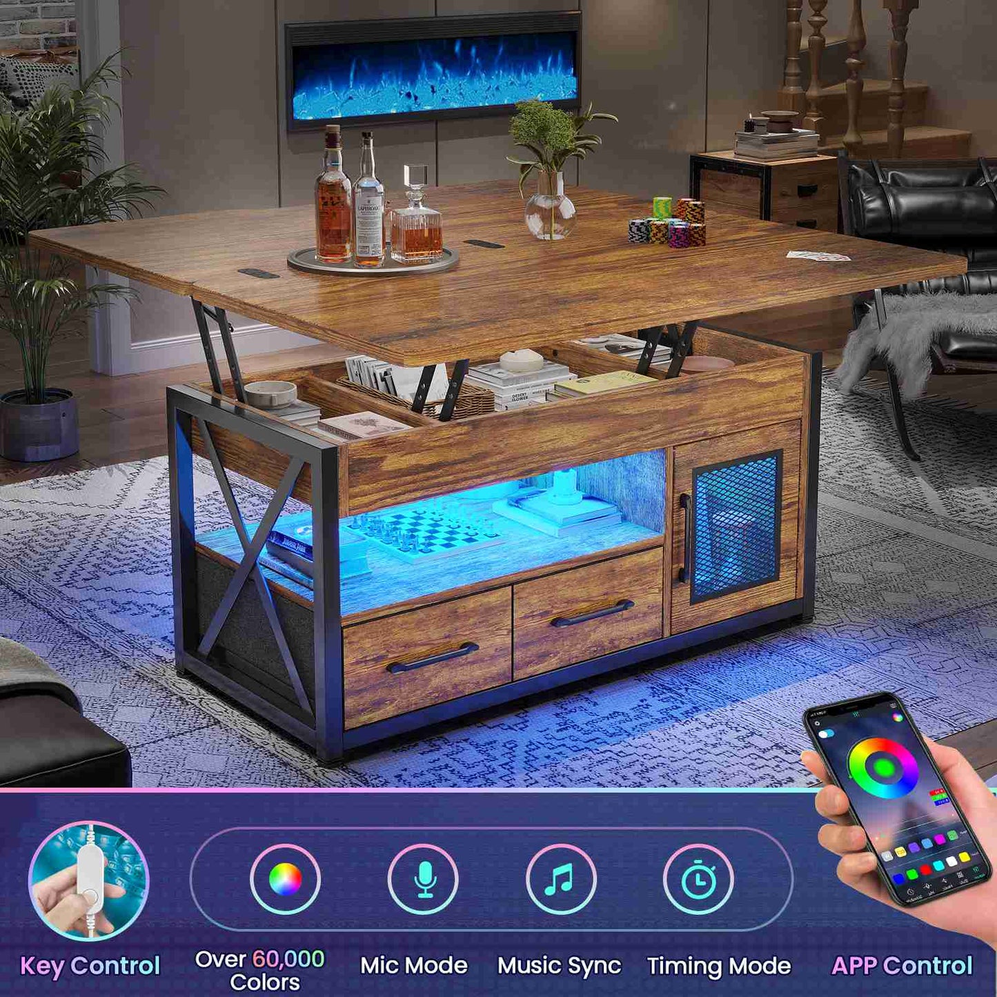 Itaar | 40 Inch Lift Top Coffee Table with Storage for Living Room 4 in 1 Table LED Expandable Coffee Table with 2 Fabric Drawers LED Light