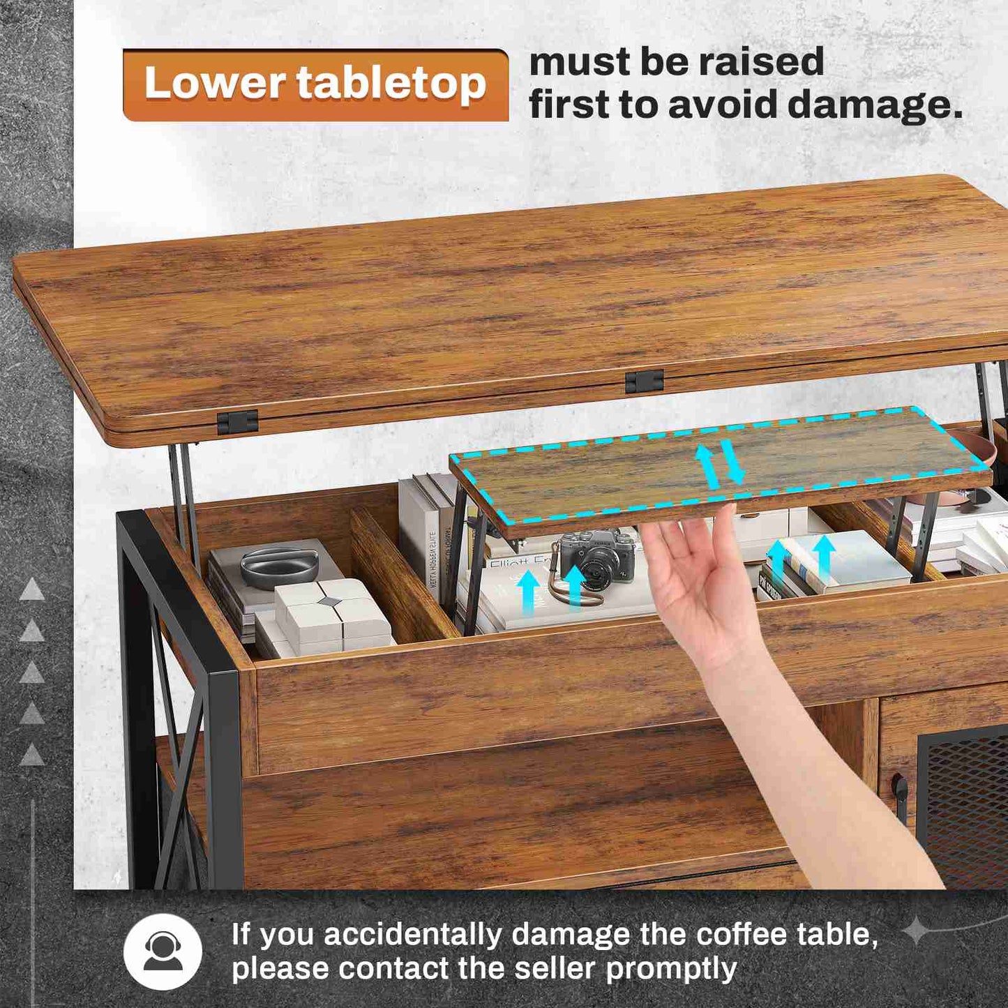 Itaar | 40 Inch Lift Top Coffee Table with Storage for Living Room 4 in 1 Table LED Expandable Coffee Table with 2 Fabric Drawers LED Light