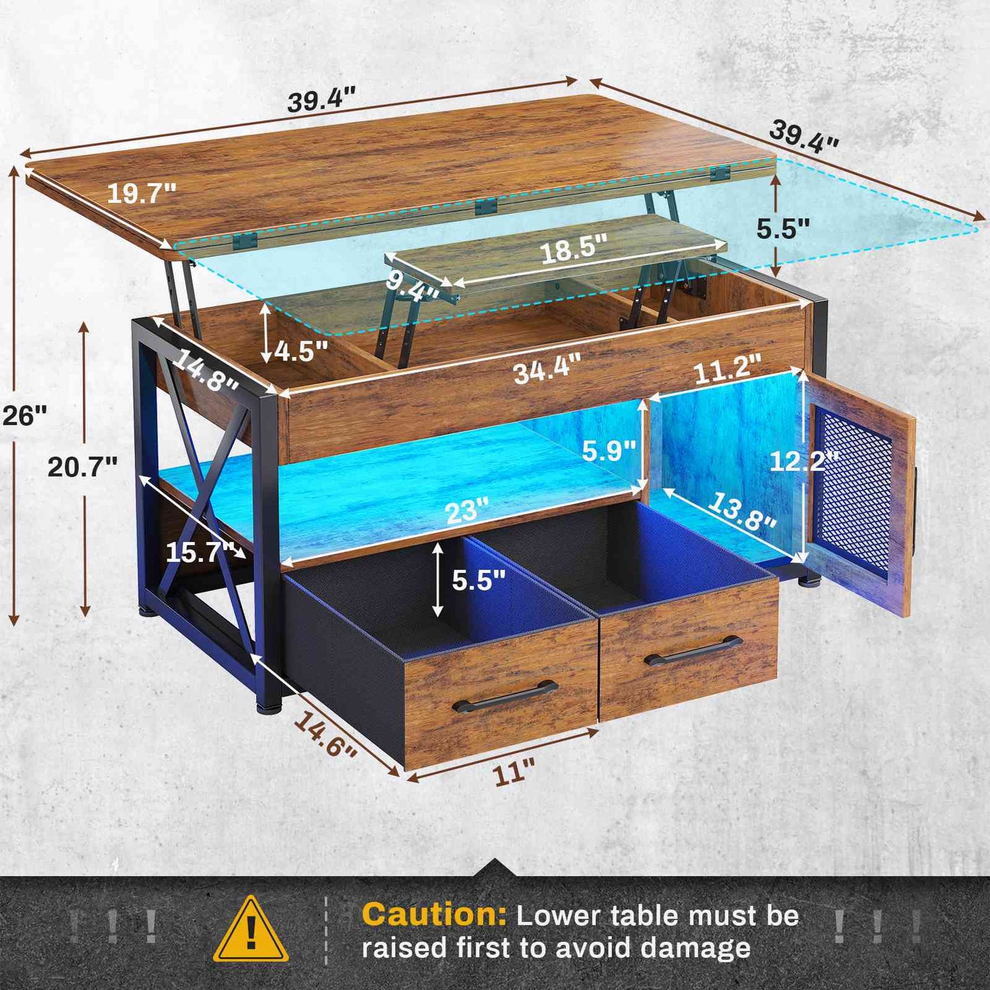 Itaar | 40 Inch Lift Top Coffee Table with Storage for Living Room 4 in 1 Table LED Expandable Coffee Table with 2 Fabric Drawers LED Light