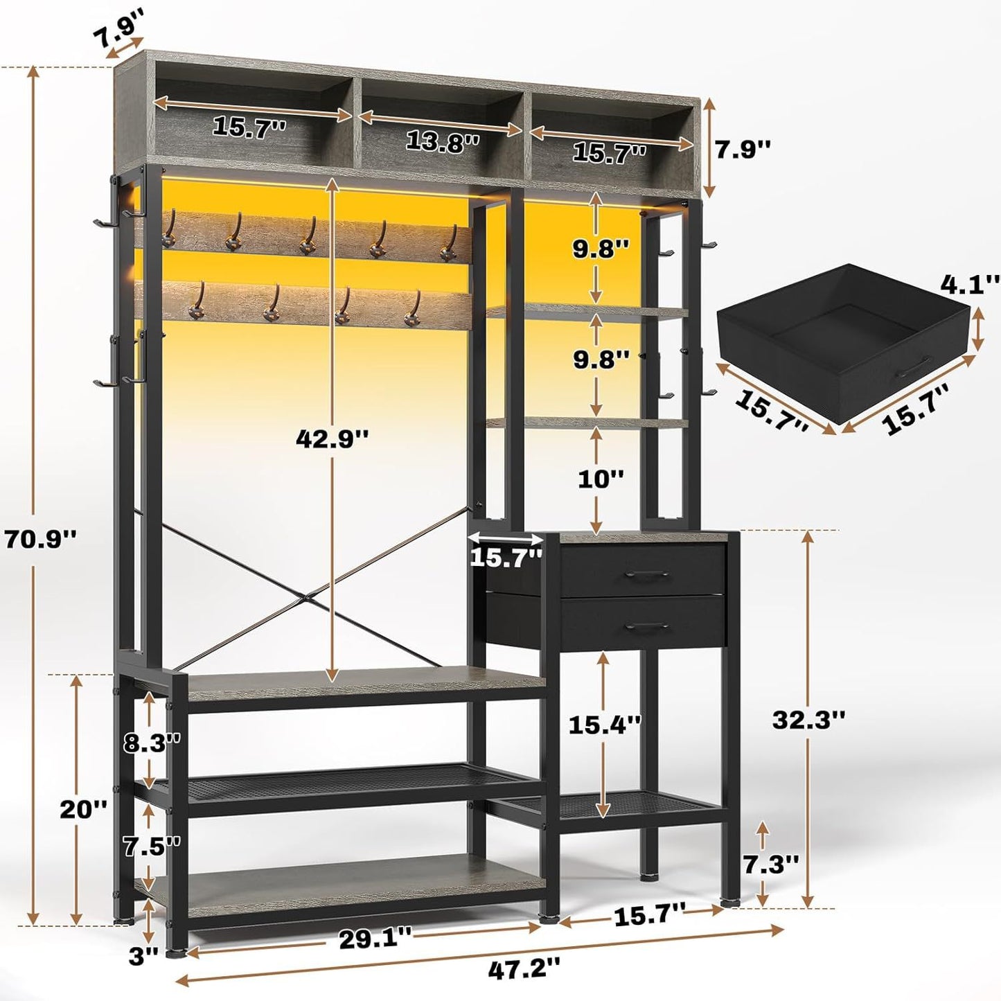Itaar | Hall Tree with Bench and Shoe Storage 7 in 1 Entryway Bench with Coat Rack 3 Storage Cubbies 3 Open Shelves 17 Coat Hooks