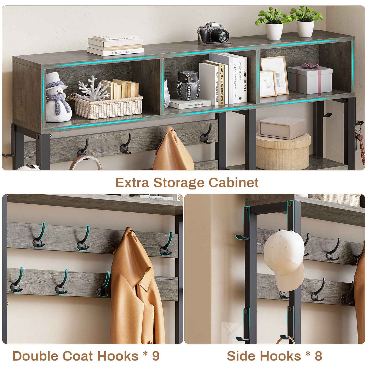Itaar | Hall Tree with Bench and Shoe Storage 7 in 1 Entryway Bench with Coat Rack 3 Storage Cubbies 3 Open Shelves 17 Coat Hooks