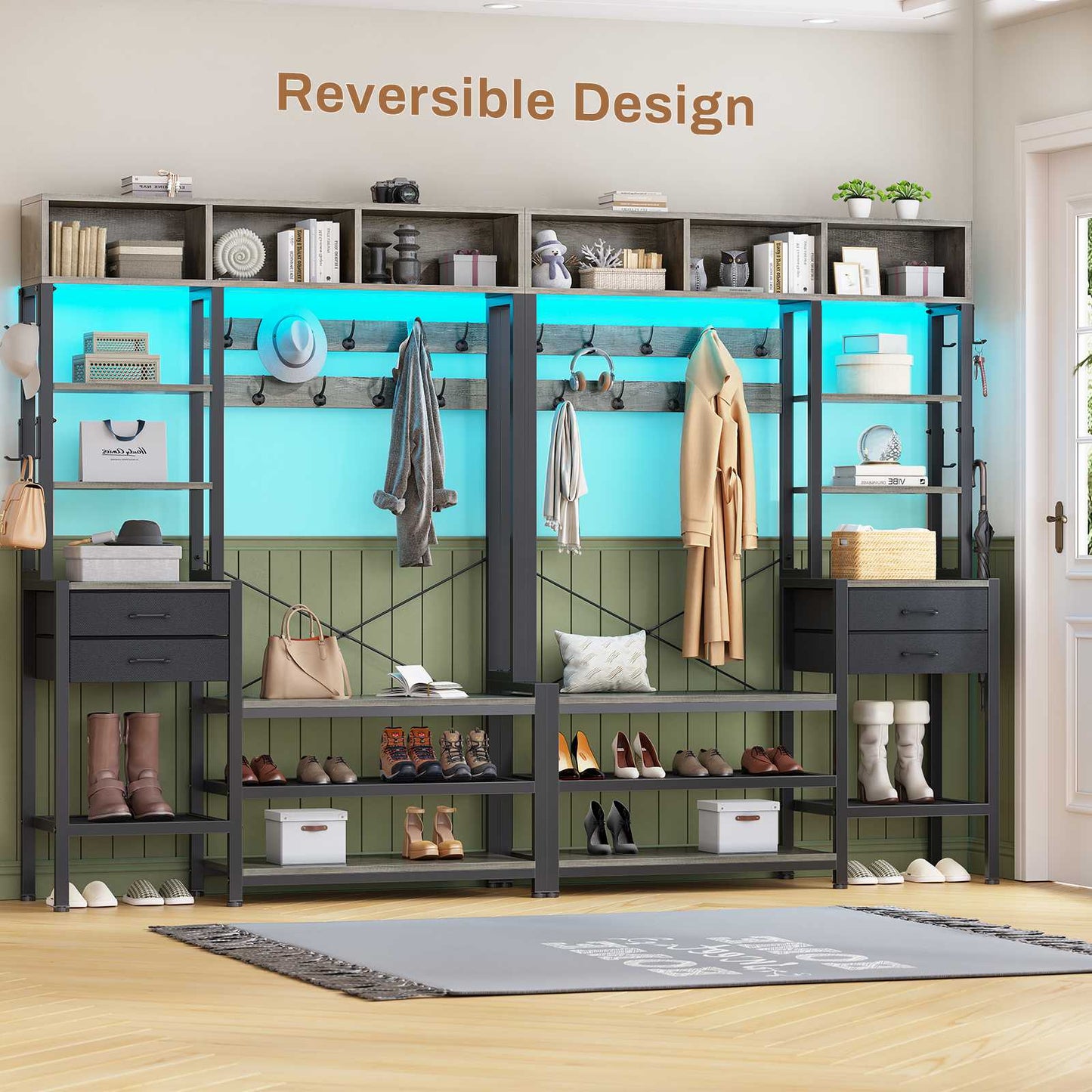 Itaar | Hall Tree with Bench and Shoe Storage 7 in 1 Entryway Bench with Coat Rack 3 Storage Cubbies 3 Open Shelves 17 Coat Hooks