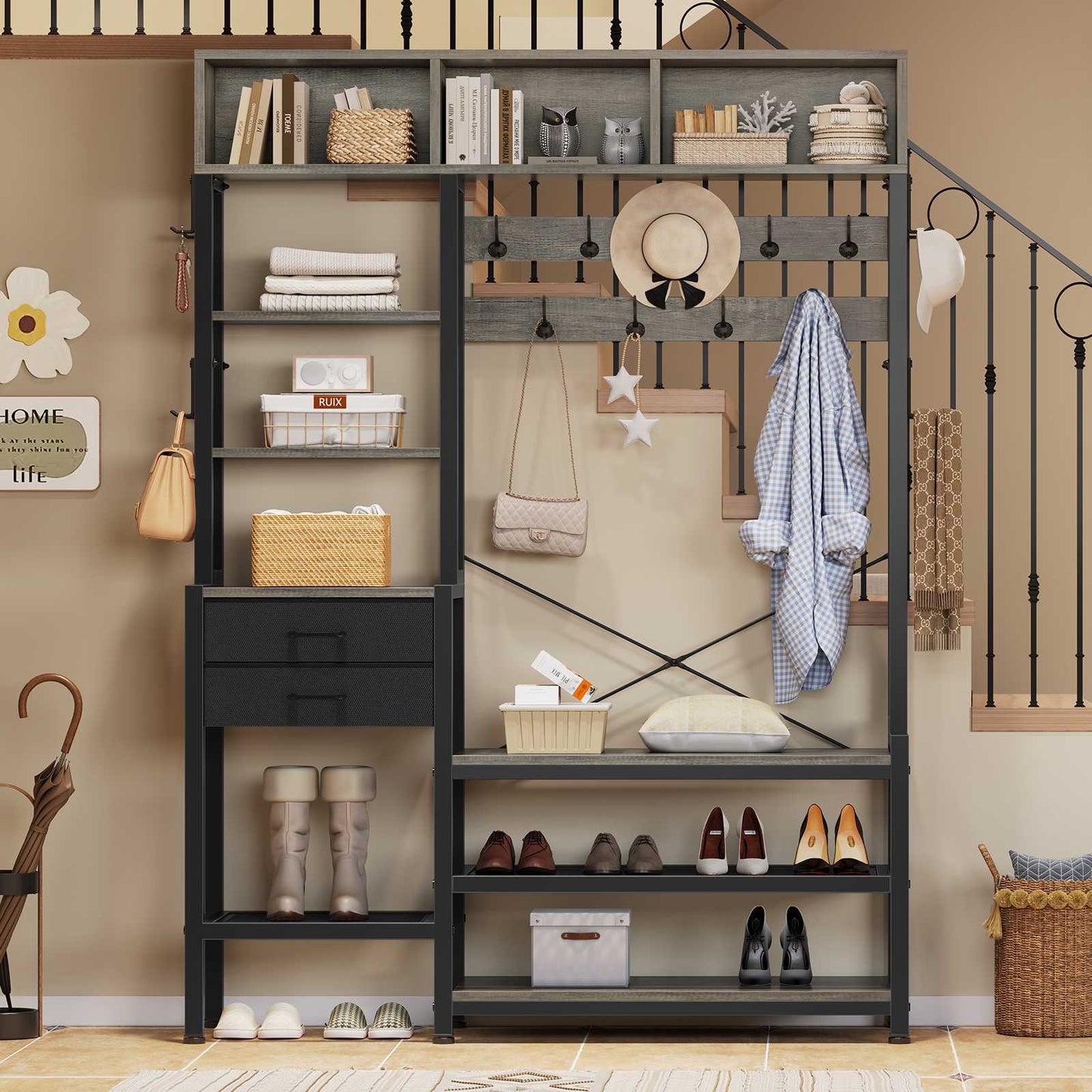 Itaar | Hall Tree with Bench and Shoe Storage 7 in 1 Entryway Bench with Coat Rack 3 Storage Cubbies 3 Open Shelves 17 Coat Hooks