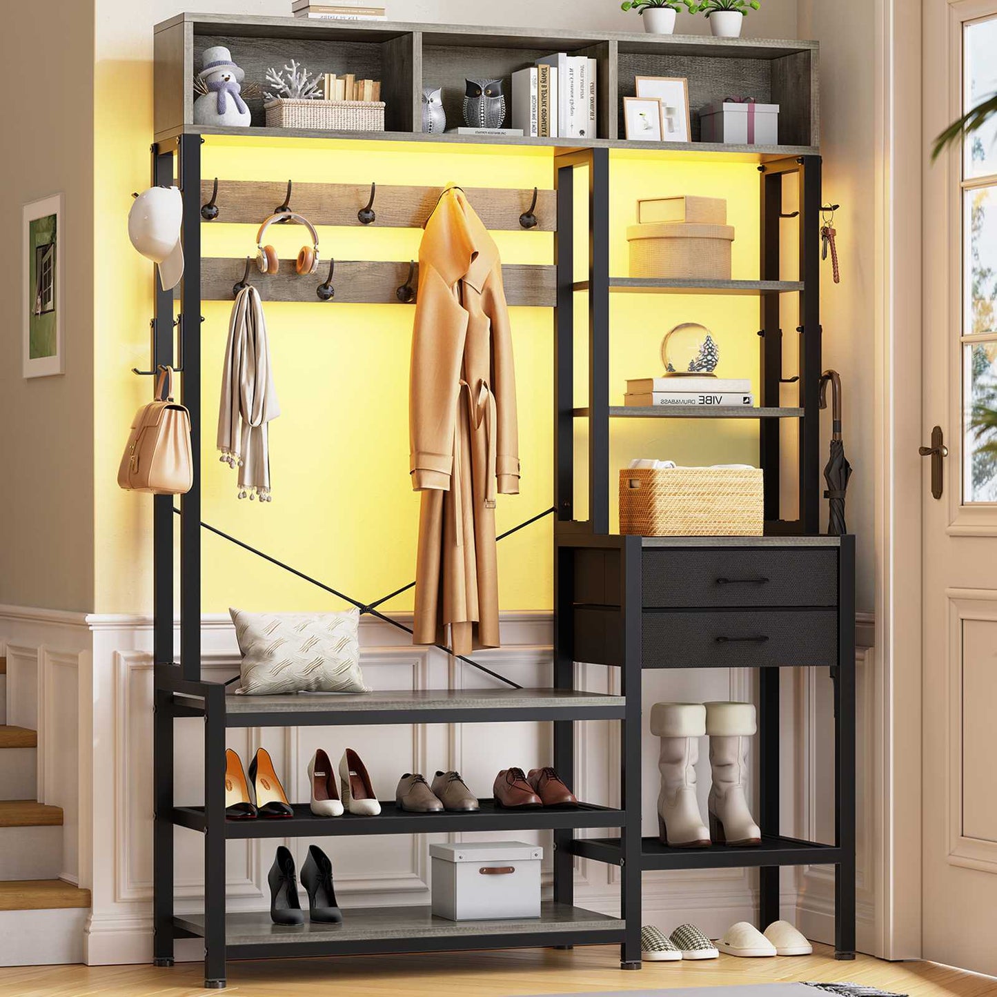 Itaar | Hall Tree with Bench and Shoe Storage 7 in 1 Entryway Bench with Coat Rack 3 Storage Cubbies 3 Open Shelves 17 Coat Hooks