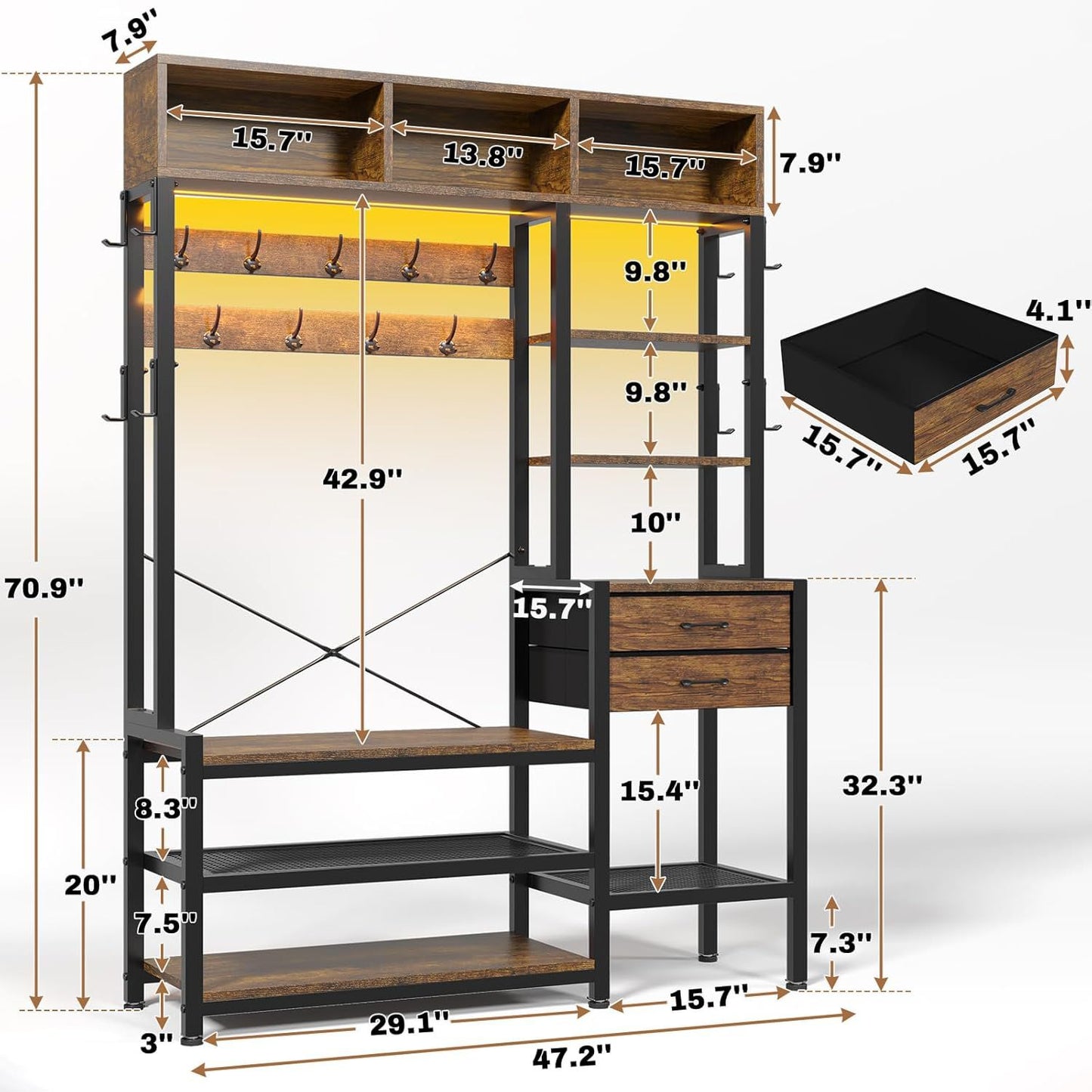 Itaar | Hall Tree with Bench and Shoe Storage 7 in 1 Entryway Bench with Coat Rack 3 Storage Cubbies 3 Open Shelves 17 Coat Hooks