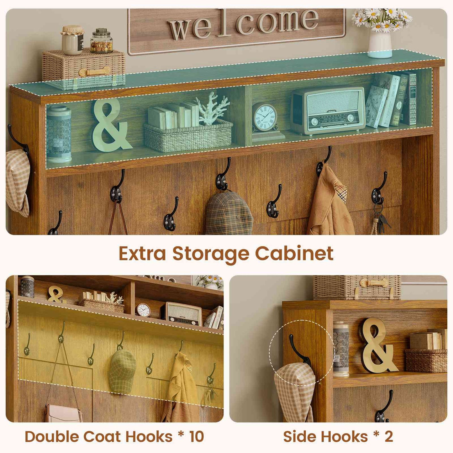 Itaar | Hall Tree with Bench and Shoe Storage 5 in 1 Entryway Bench with Coat Rack 10 Shoe Cubbies 9 Coat Hooks Barn Door Adjustable Shelf