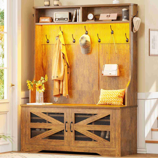 Itaar | Hall Tree with Bench and Shoe Storage 5 in 1 Entryway Bench with Coat Rack 10 Shoe Cubbies 9 Coat Hooks Barn Door Adjustable Shelf