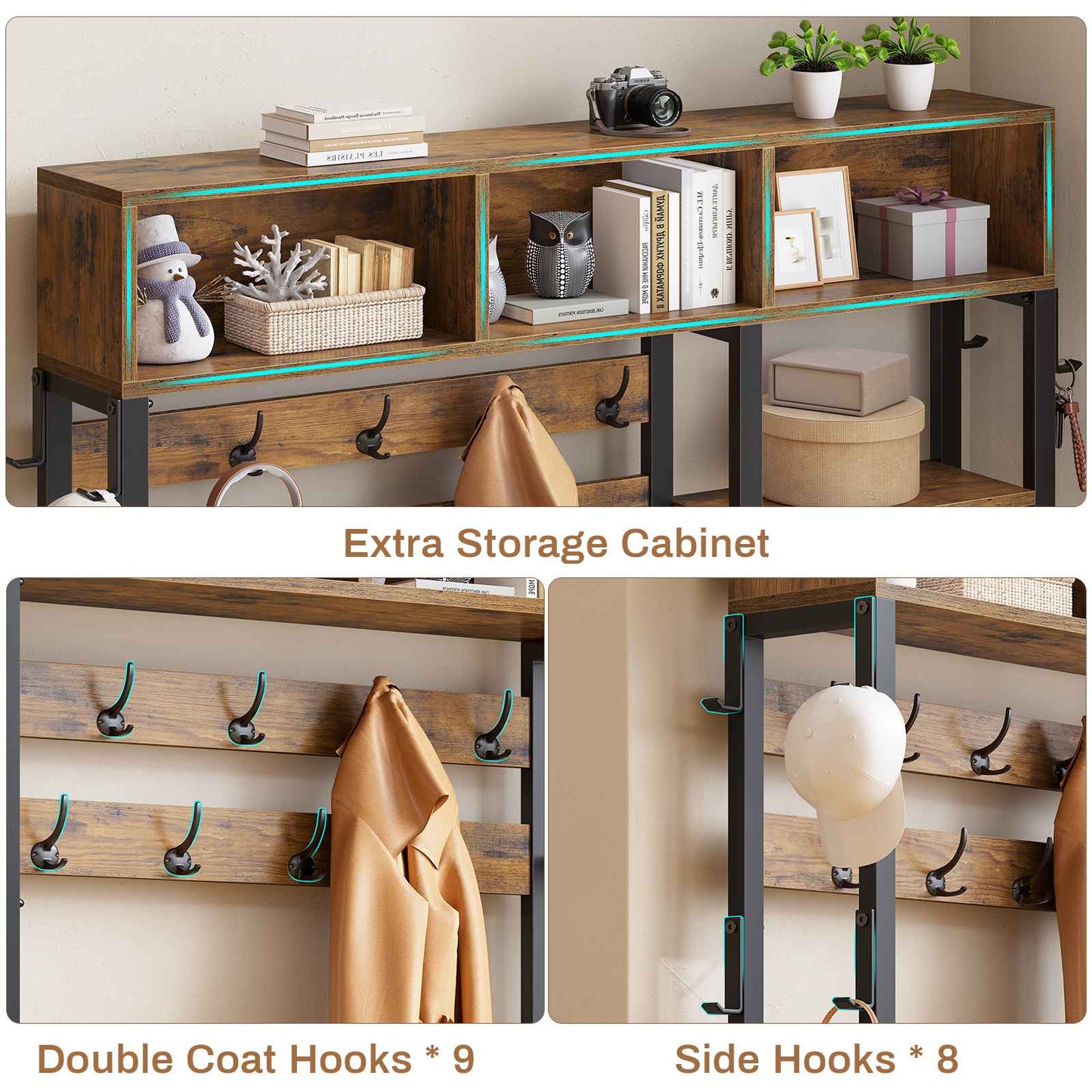Itaar | Hall Tree with Bench and Shoe Storage 7 in 1 Entryway Bench with Coat Rack 3 Storage Cubbies 3 Open Shelves 17 Coat Hooks