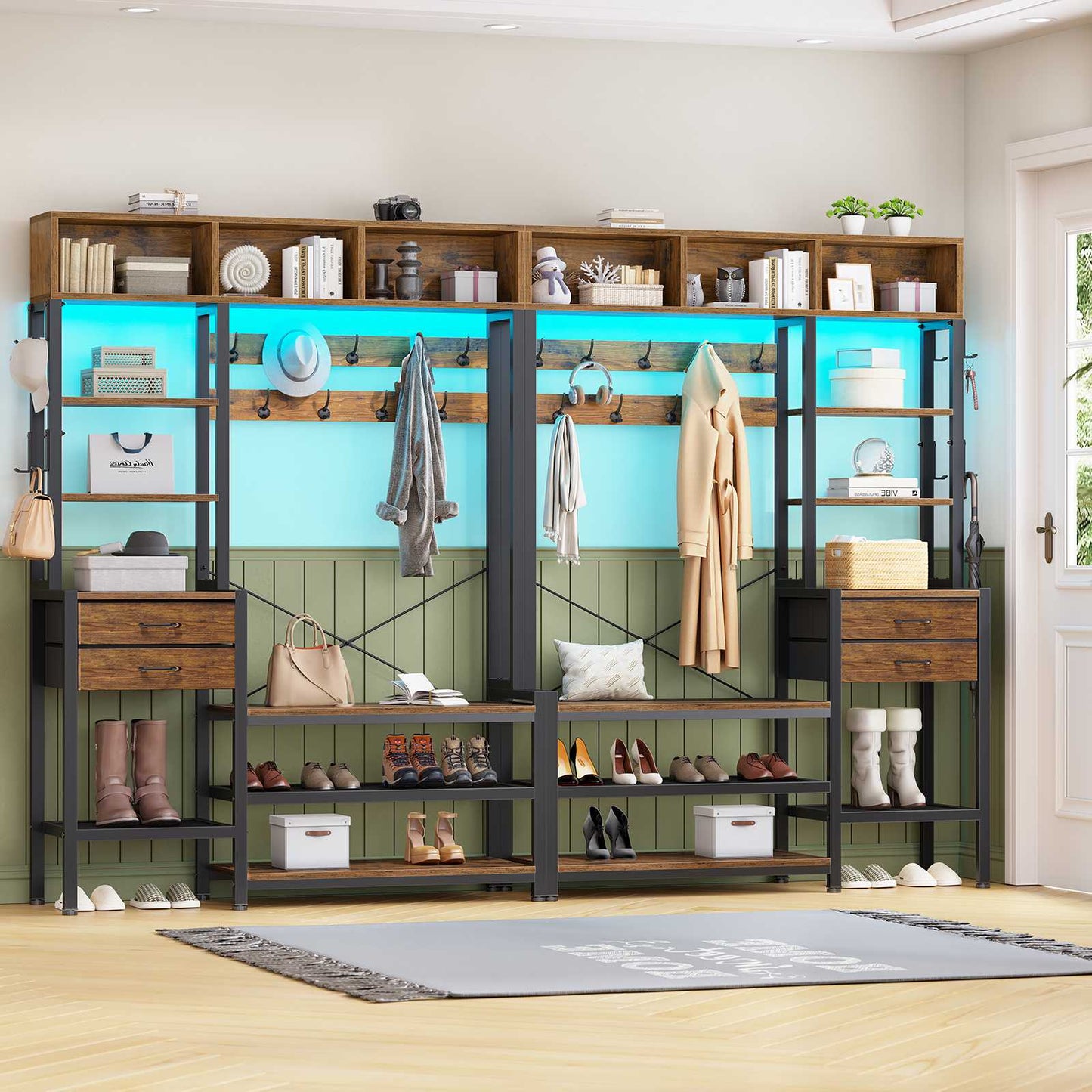 Itaar | Hall Tree with Bench and Shoe Storage 7 in 1 Entryway Bench with Coat Rack 3 Storage Cubbies 3 Open Shelves 17 Coat Hooks