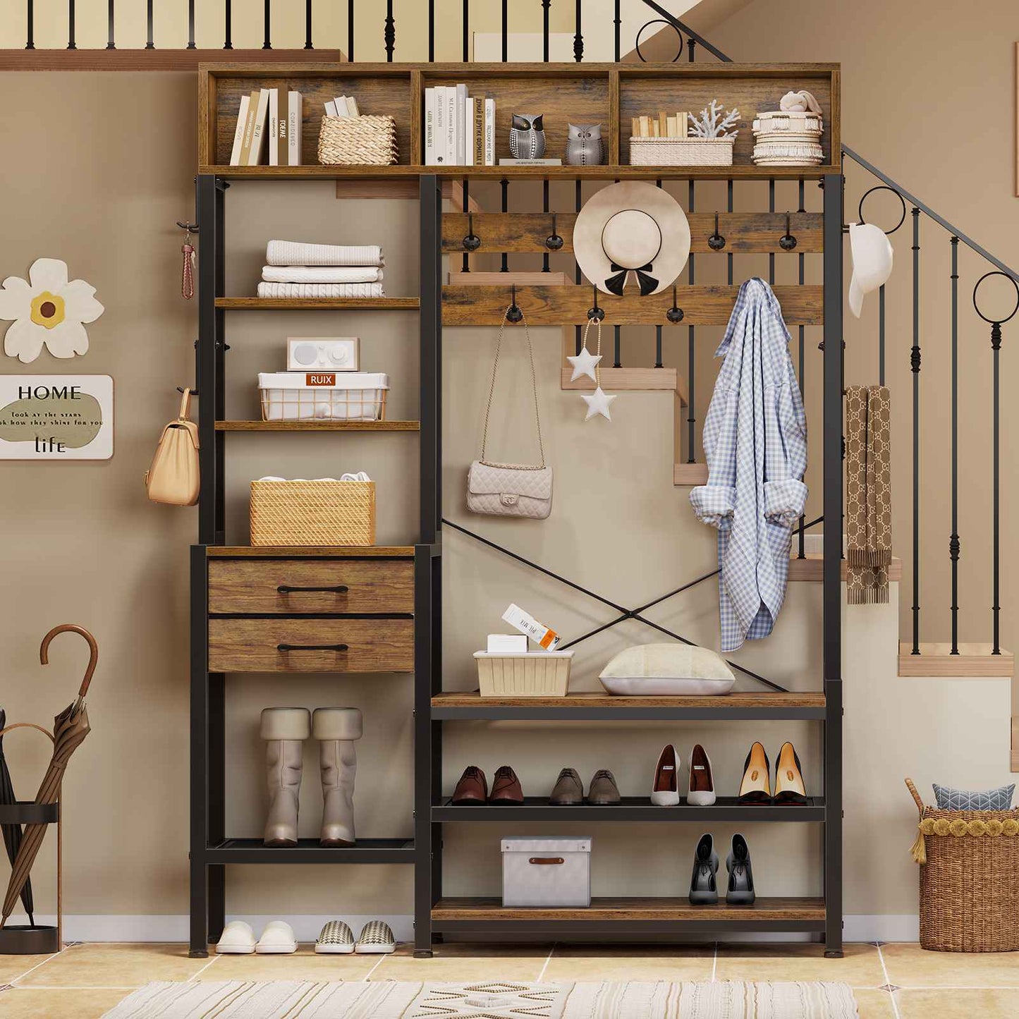 Itaar | Hall Tree with Bench and Shoe Storage 7 in 1 Entryway Bench with Coat Rack 3 Storage Cubbies 3 Open Shelves 17 Coat Hooks