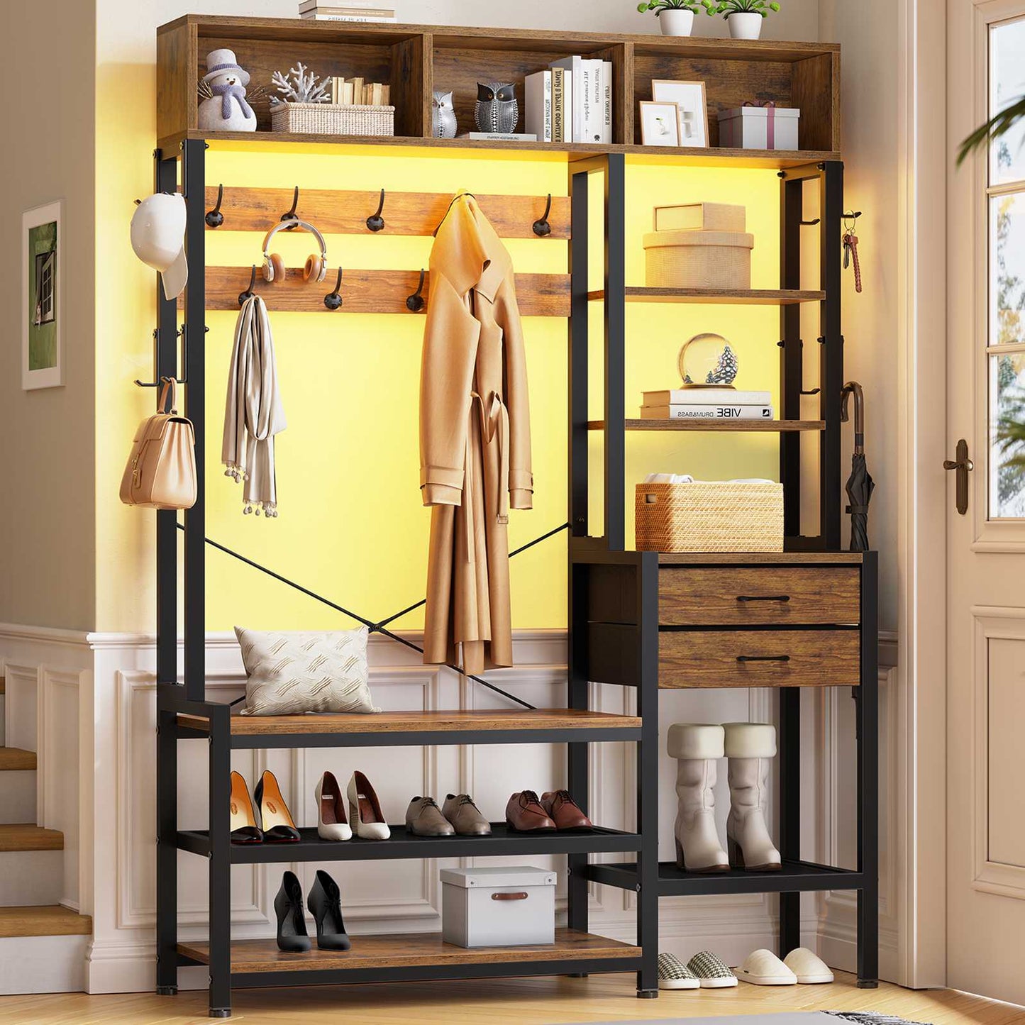 Itaar | Hall Tree with Bench and Shoe Storage 7 in 1 Entryway Bench with Coat Rack 3 Storage Cubbies 3 Open Shelves 17 Coat Hooks