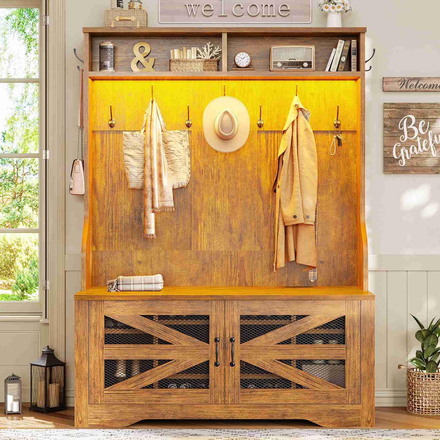 Itaar | Hall Tree with Bench and Shoe Storage 5 in 1 Entryway Bench with Coat Rack 10 Shoe Cubbies 9 Coat Hooks Barn Door Adjustable Shelf