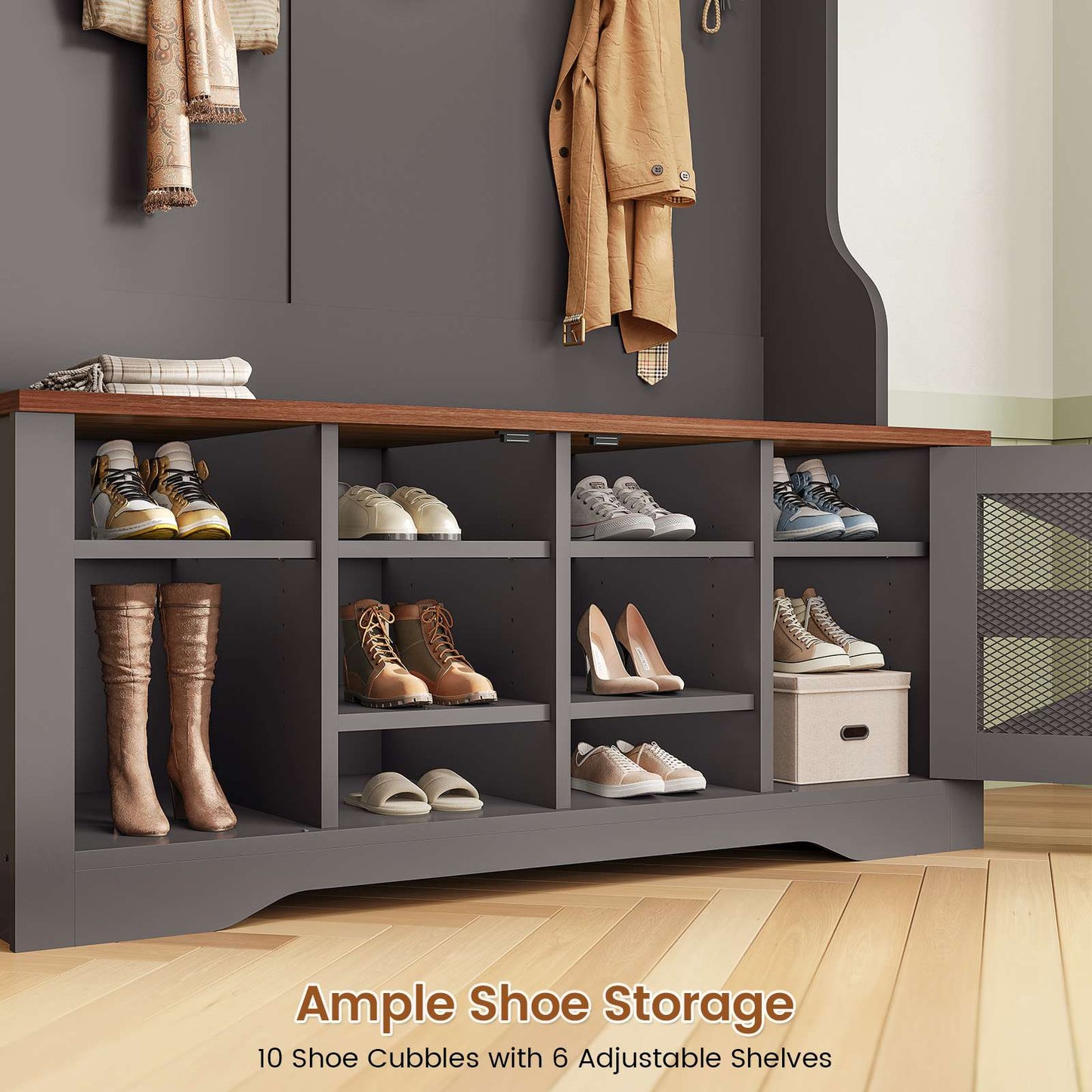 Itaar | Hall Tree with Bench and Shoe Storage 5 in 1 Entryway Bench with Coat Rack 10 Shoe Cubbies 9 Coat Hooks Barn Door Adjustable Shelf