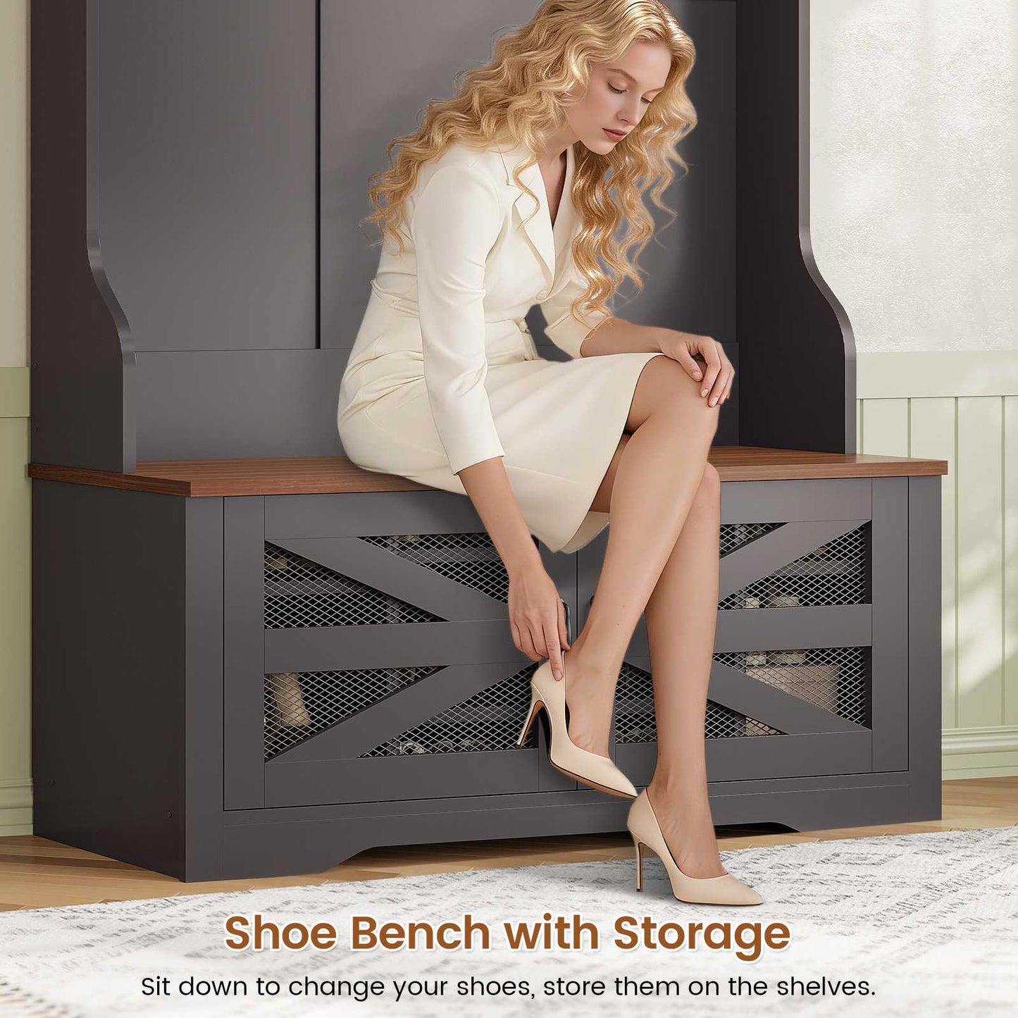 Itaar | Hall Tree with Bench and Shoe Storage 5 in 1 Entryway Bench with Coat Rack 10 Shoe Cubbies 9 Coat Hooks Barn Door Adjustable Shelf
