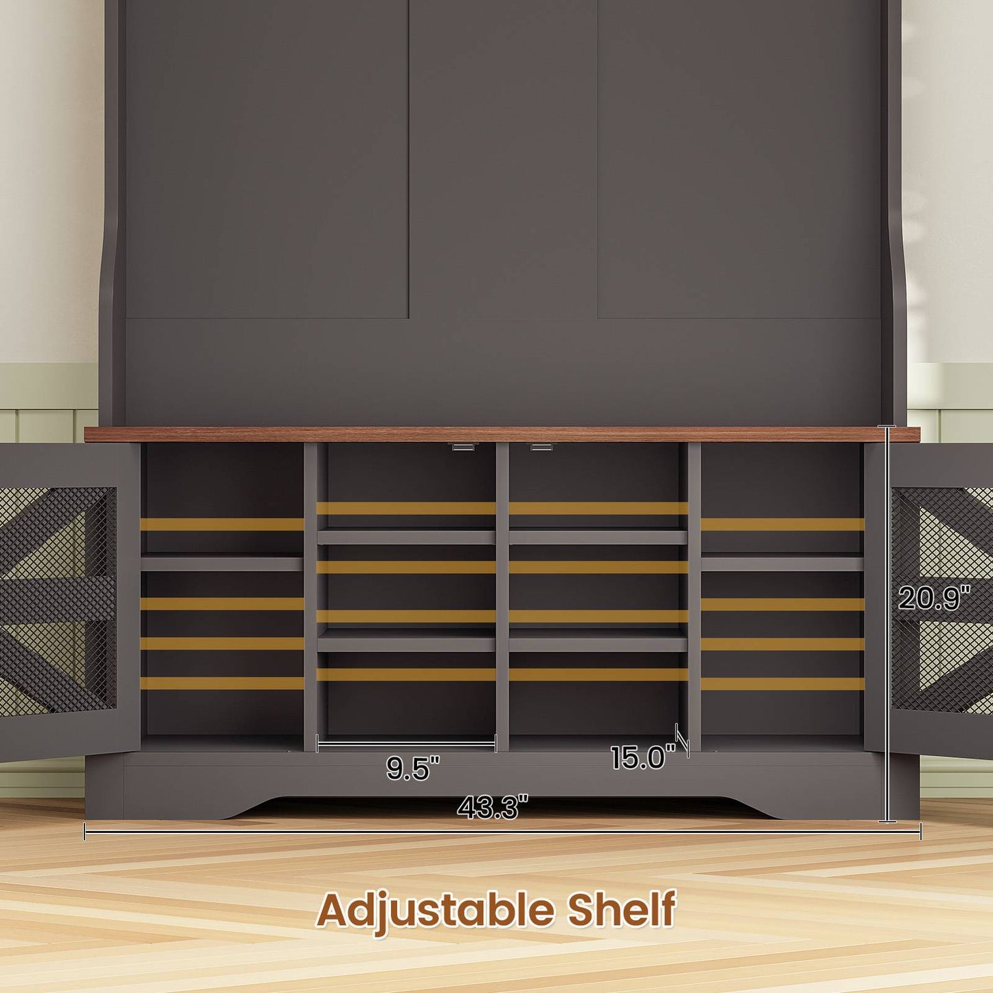 Itaar | Hall Tree with Bench and Shoe Storage 5 in 1 Entryway Bench with Coat Rack 10 Shoe Cubbies 9 Coat Hooks Barn Door Adjustable Shelf