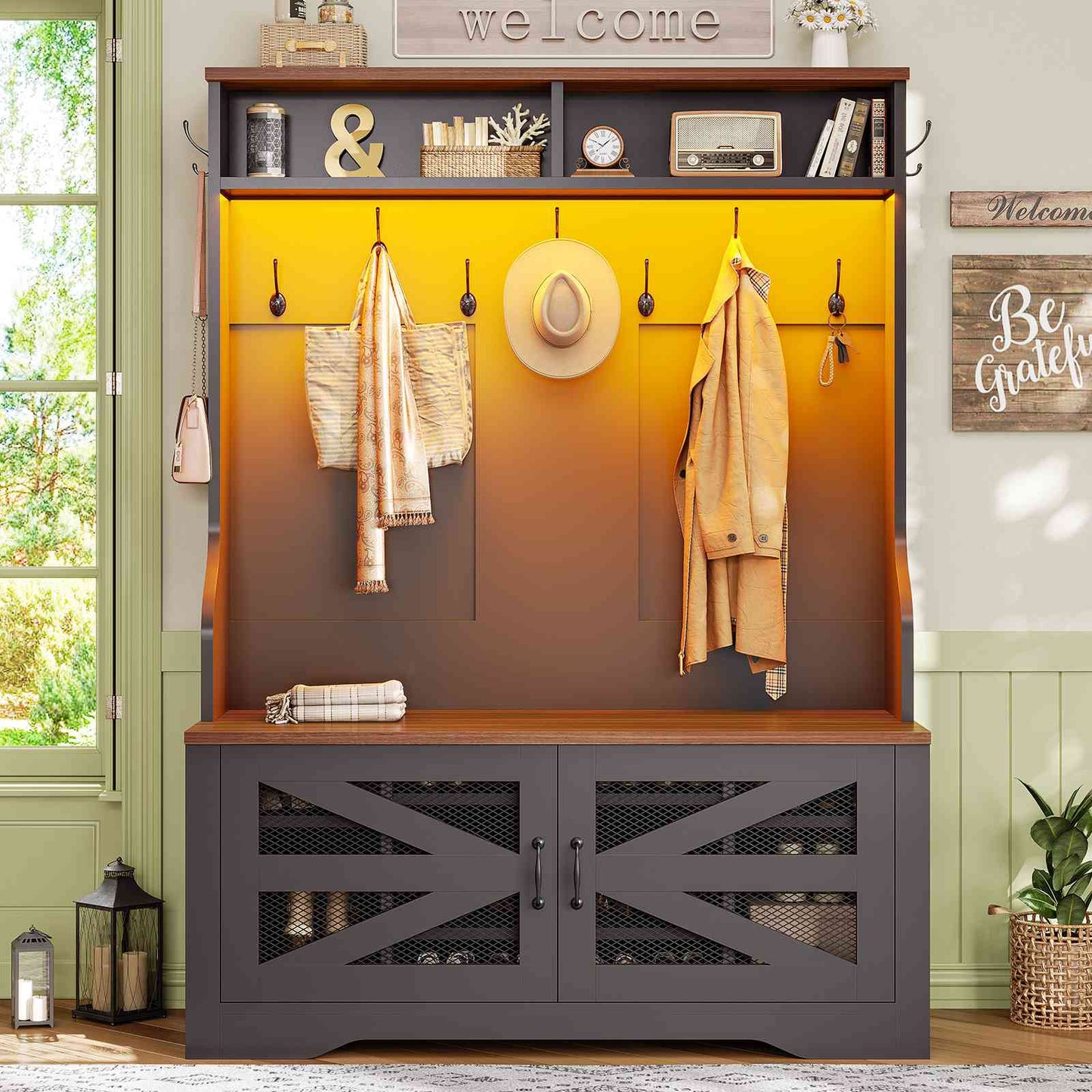 Itaar | Hall Tree with Bench and Shoe Storage 5 in 1 Entryway Bench with Coat Rack 10 Shoe Cubbies 9 Coat Hooks Barn Door Adjustable Shelf