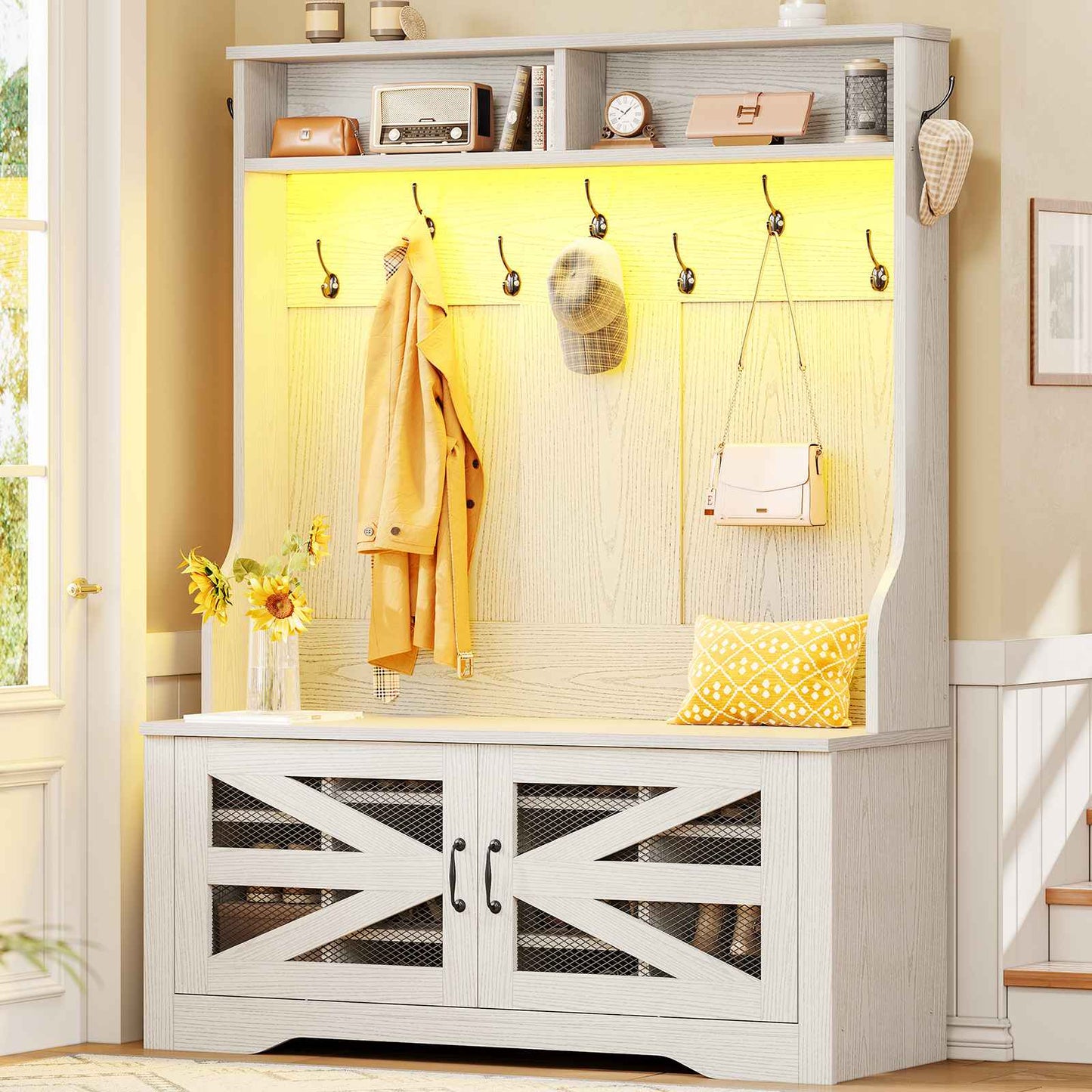 Itaar | Hall Tree with Bench and Shoe Storage 5 in 1 Entryway Bench with Coat Rack 10 Shoe Cubbies 9 Coat Hooks Barn Door Adjustable Shelf