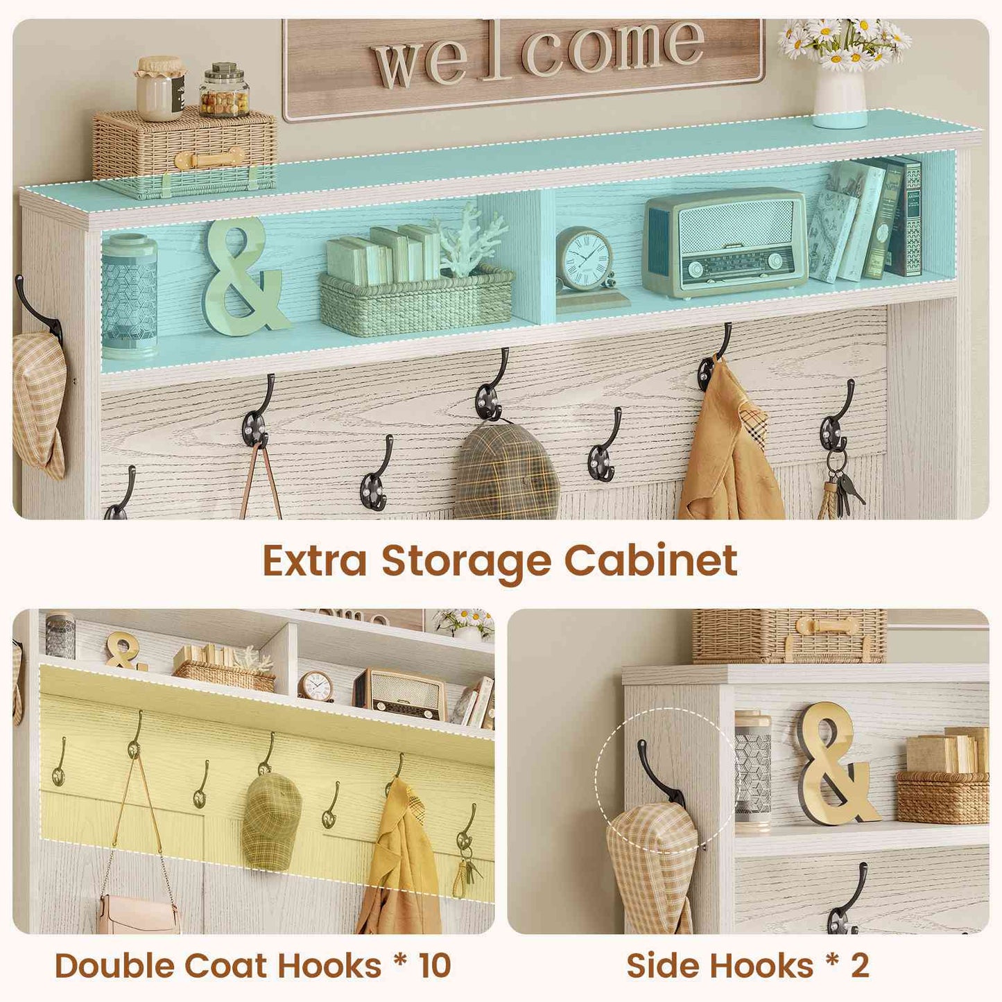 Itaar | Hall Tree with Bench and Shoe Storage 5 in 1 Entryway Bench with Coat Rack 10 Shoe Cubbies 9 Coat Hooks Barn Door Adjustable Shelf