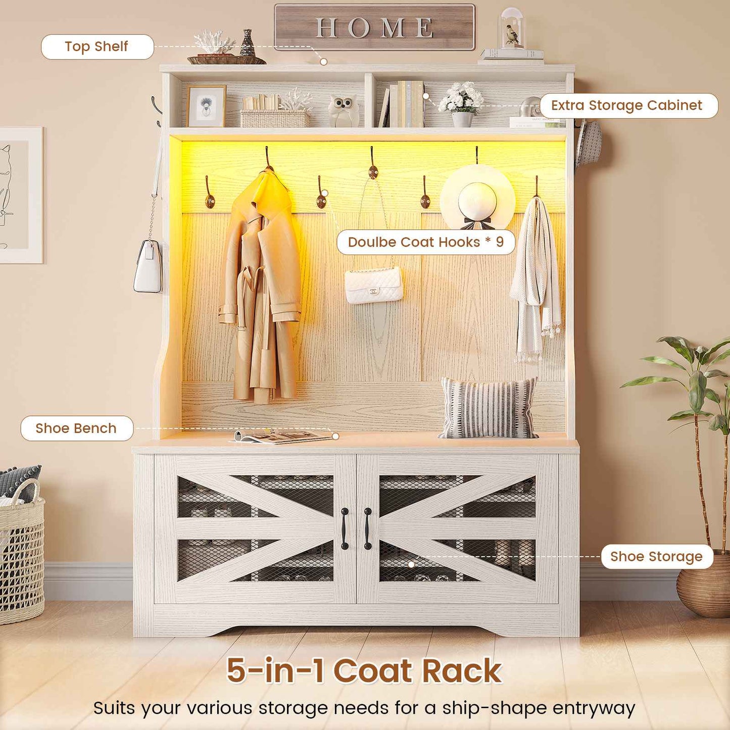 Itaar | Hall Tree with Bench and Shoe Storage 5 in 1 Entryway Bench with Coat Rack 10 Shoe Cubbies 9 Coat Hooks Barn Door Adjustable Shelf