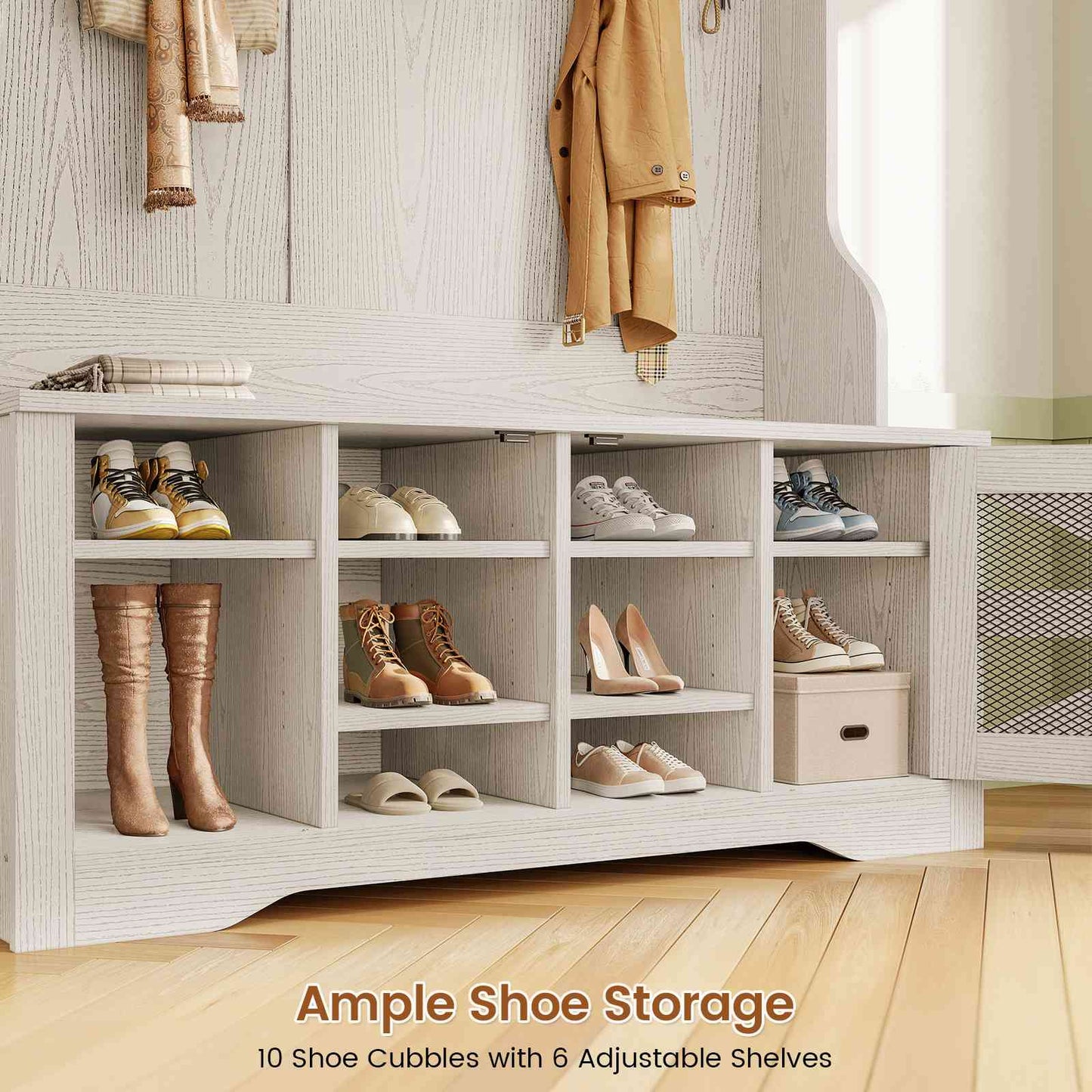 Itaar | Hall Tree with Bench and Shoe Storage 5 in 1 Entryway Bench with Coat Rack 10 Shoe Cubbies 9 Coat Hooks Barn Door Adjustable Shelf
