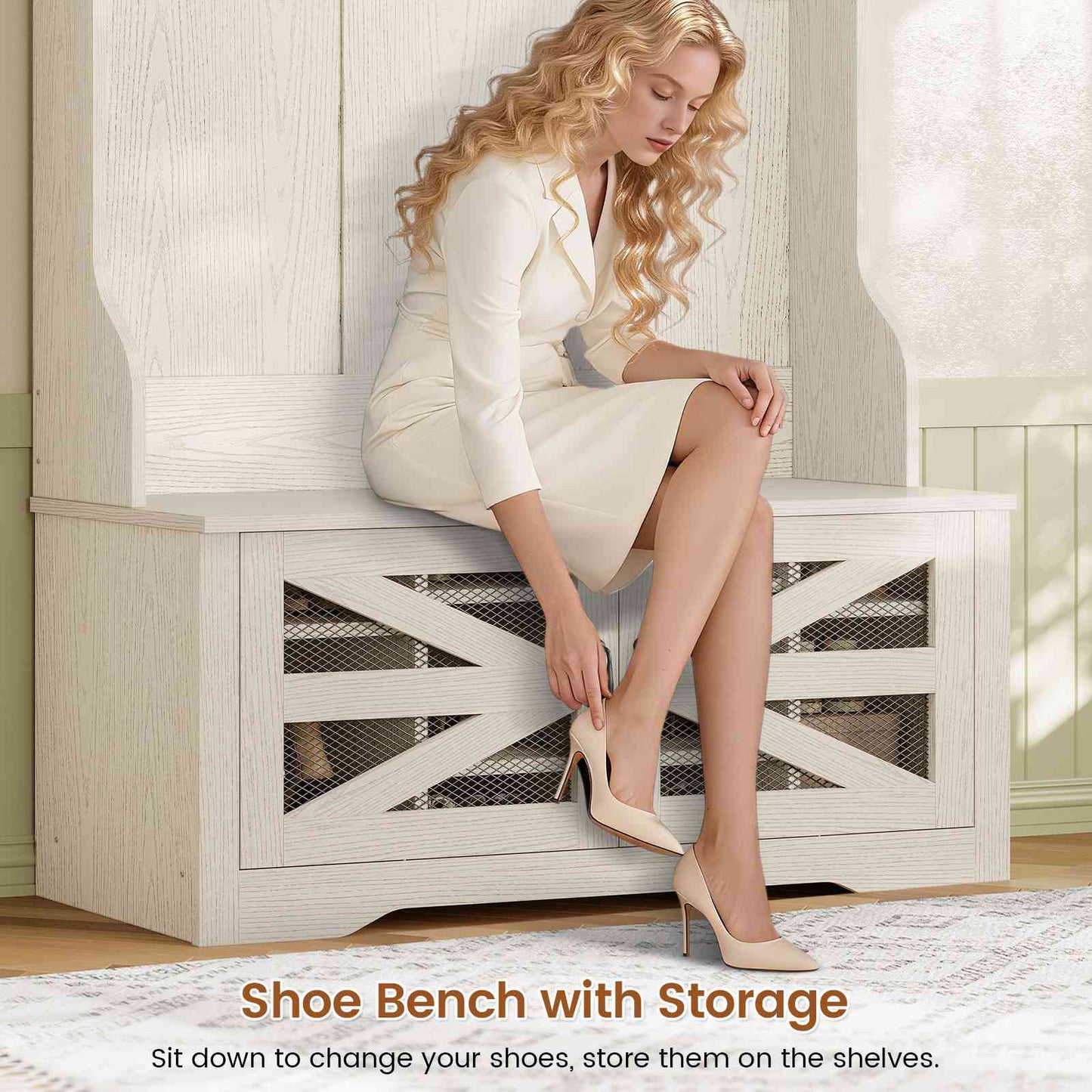 Itaar | Hall Tree with Bench and Shoe Storage 5 in 1 Entryway Bench with Coat Rack 10 Shoe Cubbies 9 Coat Hooks Barn Door Adjustable Shelf