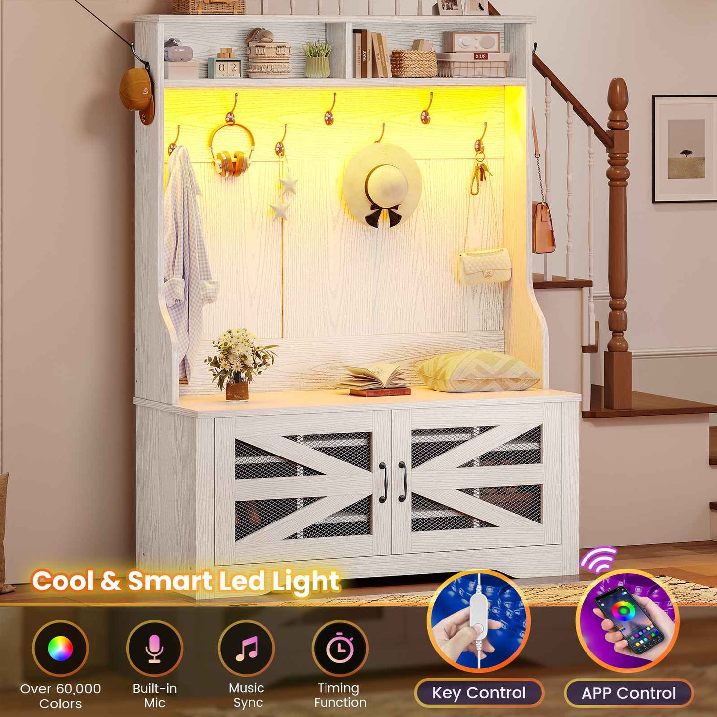 Itaar | Hall Tree with Bench and Shoe Storage 5 in 1 Entryway Bench with Coat Rack 10 Shoe Cubbies 9 Coat Hooks Barn Door Adjustable Shelf
