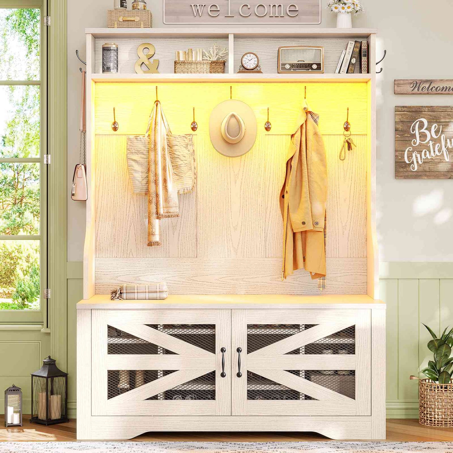 Itaar | Hall Tree with Bench and Shoe Storage 5 in 1 Entryway Bench with Coat Rack 10 Shoe Cubbies 9 Coat Hooks Barn Door Adjustable Shelf