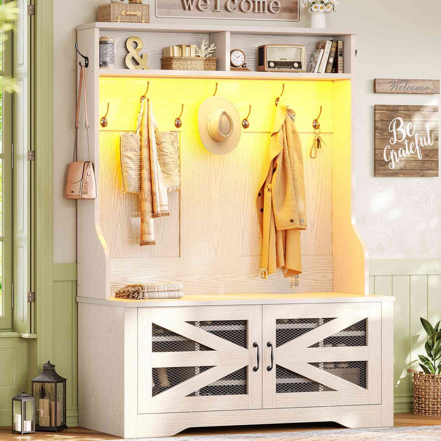 Itaar | Hall Tree with Bench and Shoe Storage 5 in 1 Entryway Bench with Coat Rack 10 Shoe Cubbies 9 Coat Hooks Barn Door Adjustable Shelf