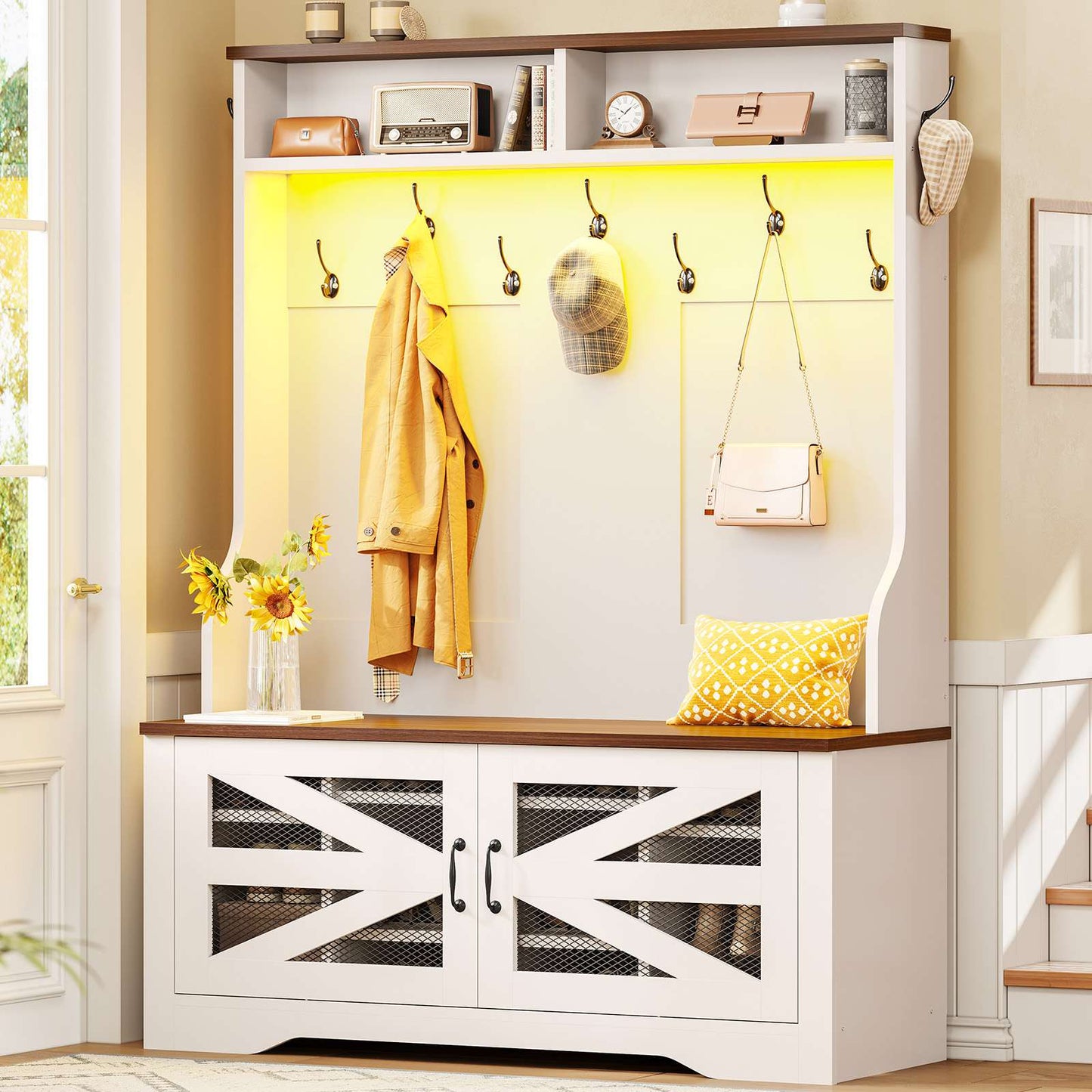 Itaar | Hall Tree with Bench and Shoe Storage 5 in 1 Entryway Bench with Coat Rack 10 Shoe Cubbies 9 Coat Hooks Barn Door Adjustable Shelf