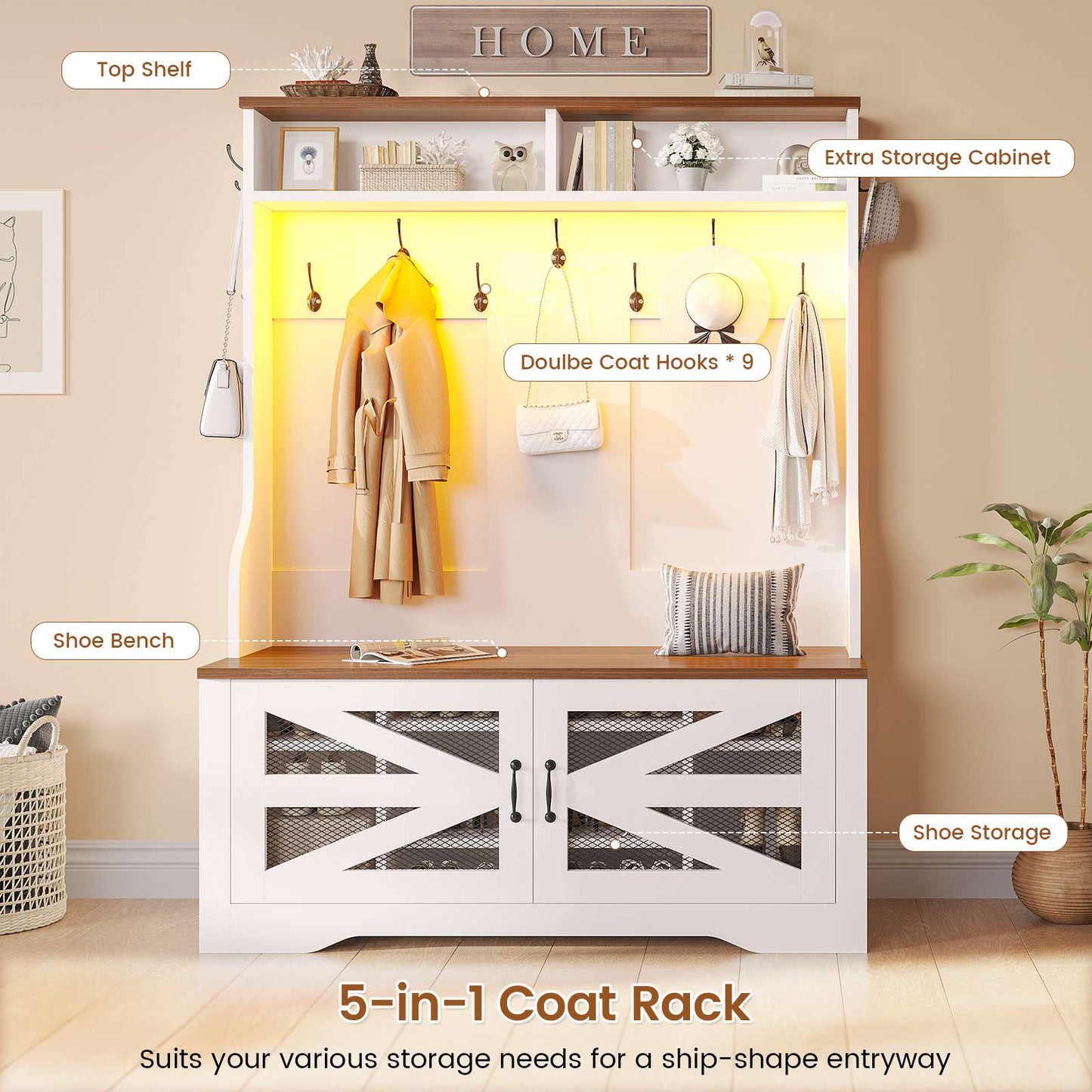 Itaar | Hall Tree with Bench and Shoe Storage 5 in 1 Entryway Bench with Coat Rack 10 Shoe Cubbies 9 Coat Hooks Barn Door Adjustable Shelf