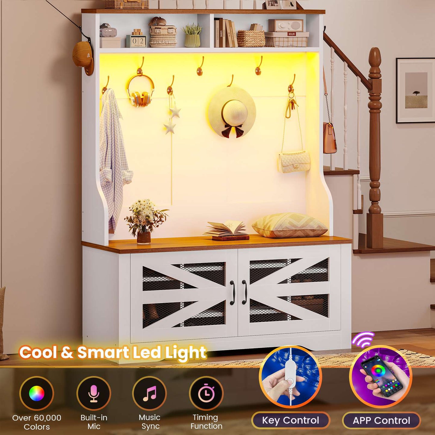 Itaar | Hall Tree with Bench and Shoe Storage 5 in 1 Entryway Bench with Coat Rack 10 Shoe Cubbies 9 Coat Hooks Barn Door Adjustable Shelf