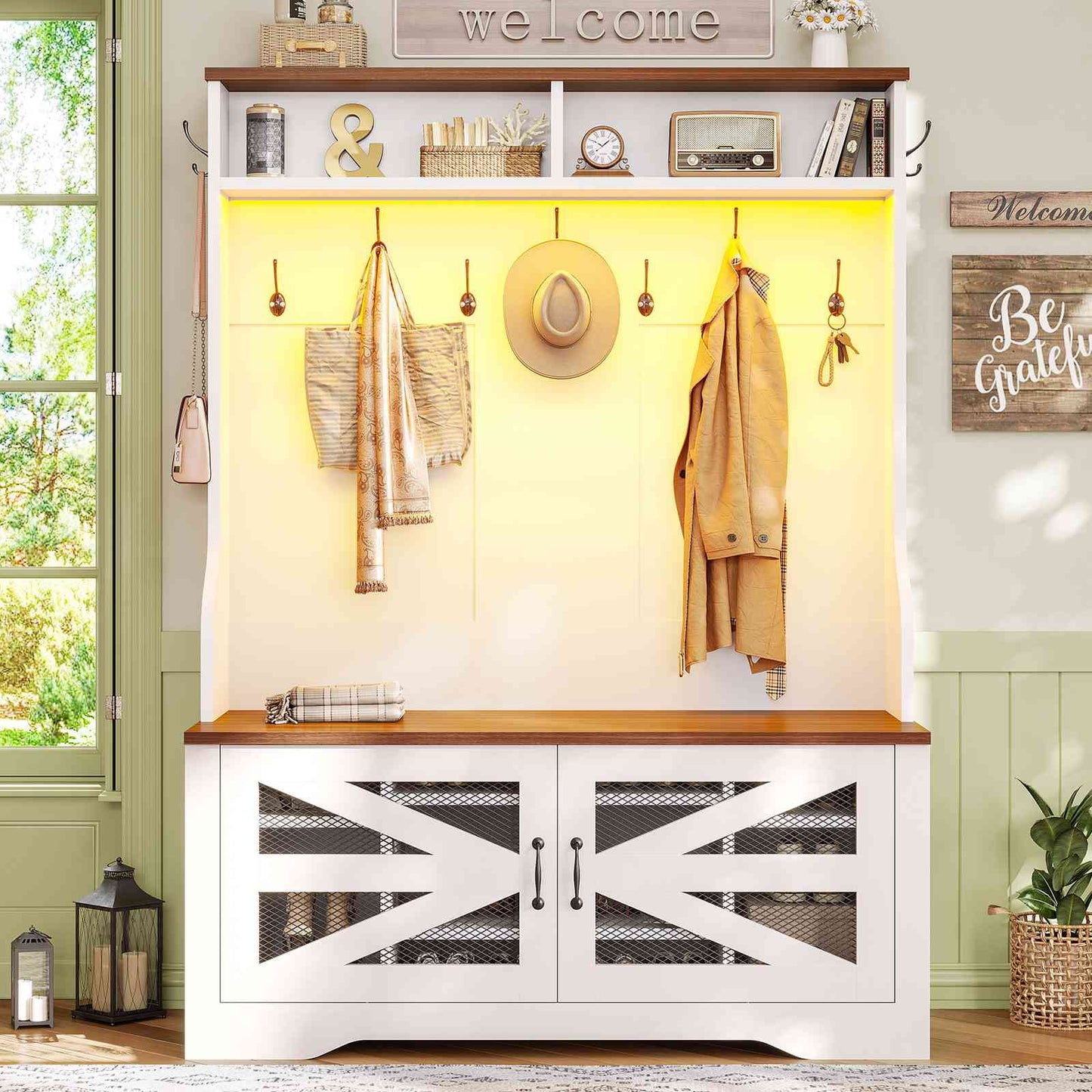 Itaar | Hall Tree with Bench and Shoe Storage 5 in 1 Entryway Bench with Coat Rack 10 Shoe Cubbies 9 Coat Hooks Barn Door Adjustable Shelf